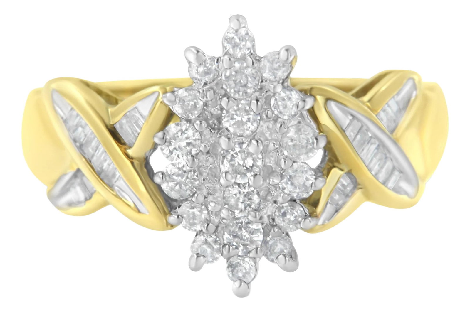10K Two-Toned Round Baguette Diamond Cluster Ring (1/2 Cttw, I-J Color, I2-I3 Clarity) - Size 7: This striking diamond ring features a central elongated snowflake cluster flanked by an X-form design of baguette diamonds. The band is crafted in contrasting white and yellow gold. The ring has a tot