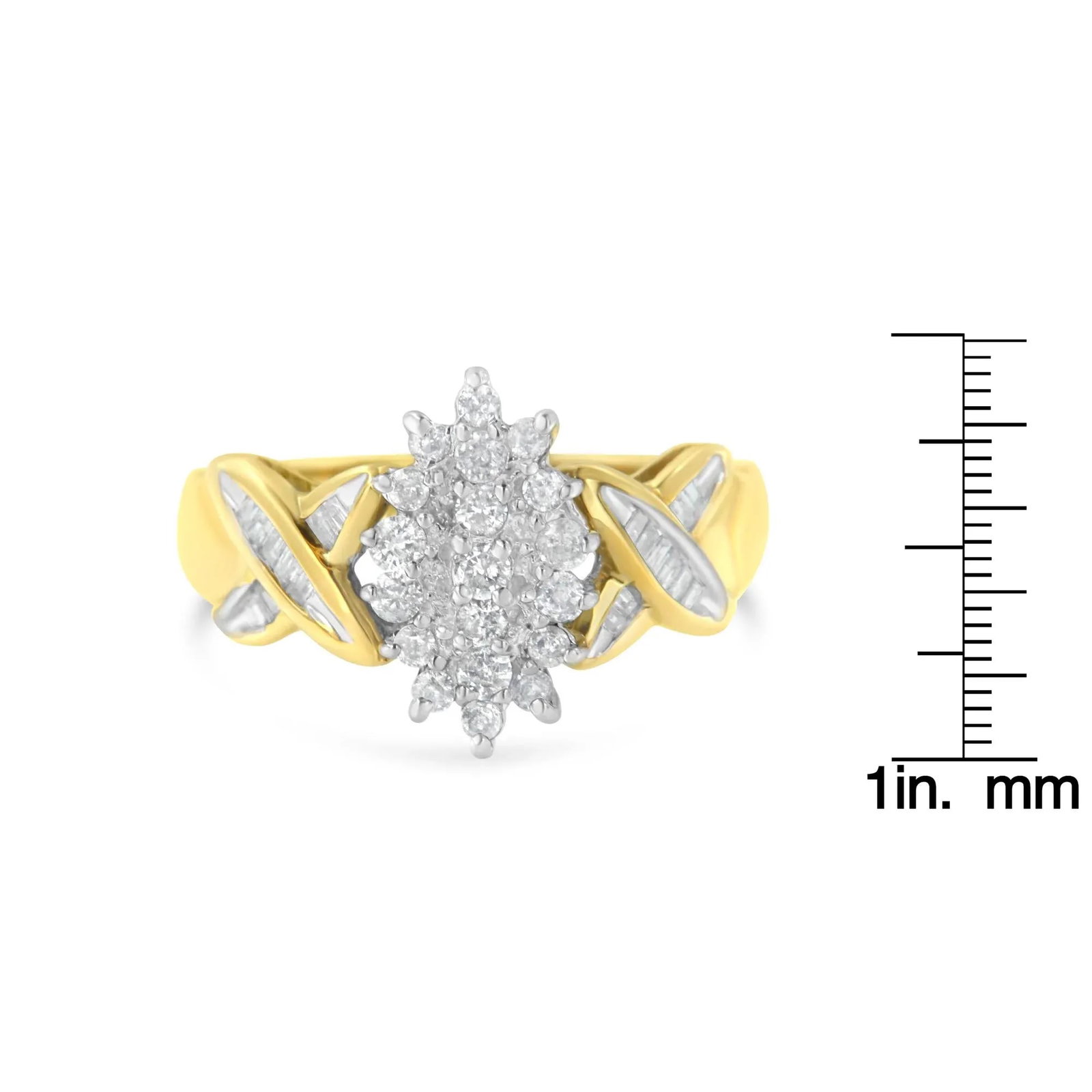 10K Two-Toned Round Baguette Diamond Cluster Ring (1/2 Cttw, I-J Color, I2-I3 Clarity) - Size 7 - 7