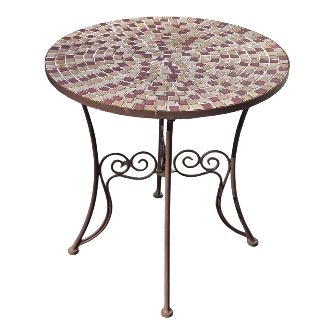 Vintage Mosaic Tiled Table With Iron Base: Vintage Mosaic Tiled Outdoor Patio Table with Iron Base This Table features ceramic tiles of pink and mauve tones, with a scrolled leg iron base. It is a perfect sized bistro table that would seat up