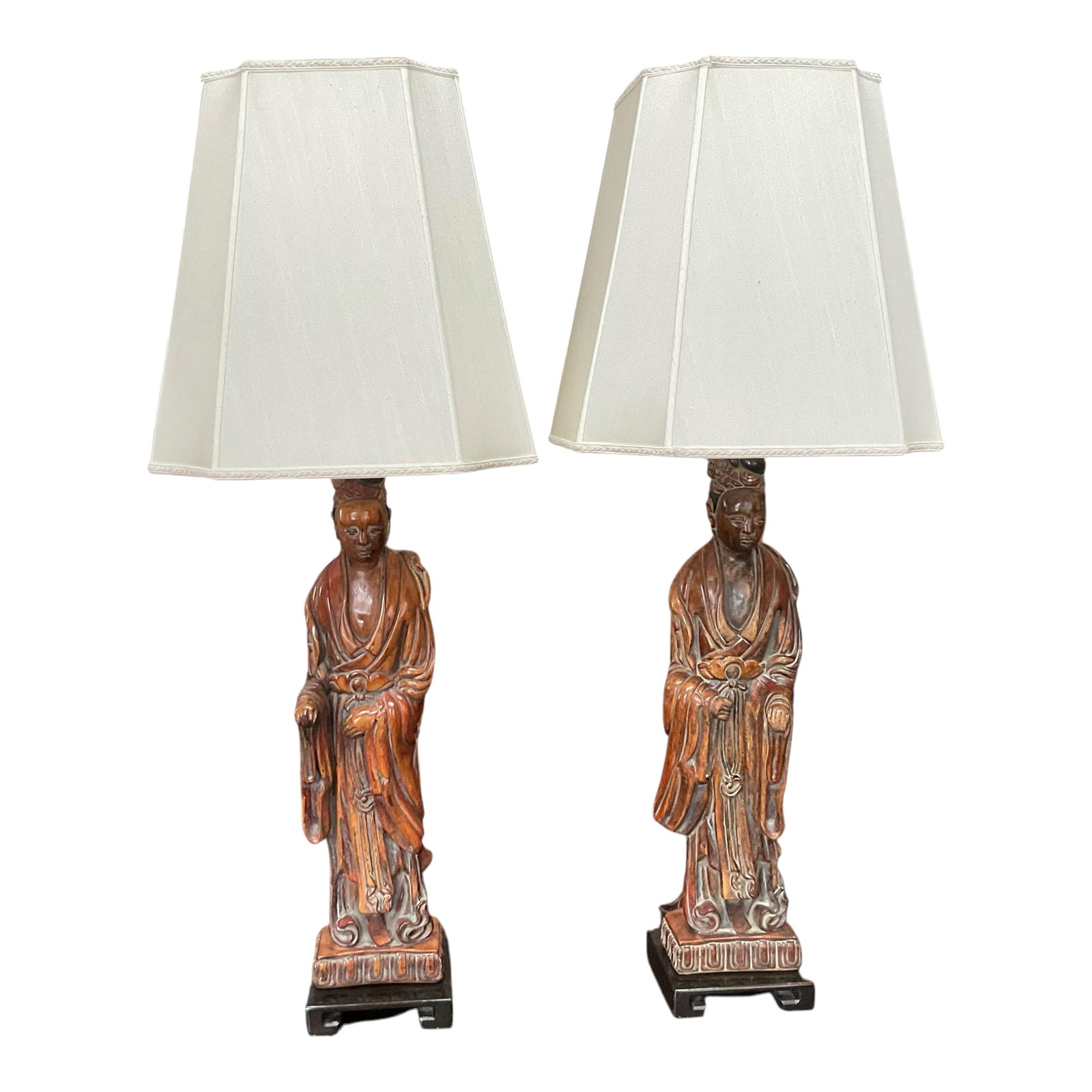 1940s Frederick Cooper Quan Yin Wood Look Table Lamps - a Pair: This is an exquisite pair of matching Quan Yin table lamps by Frederick Cooper, Chicago from the 1940s. They are marked with the original maker's mark sticker. Although I think these are plaster or
