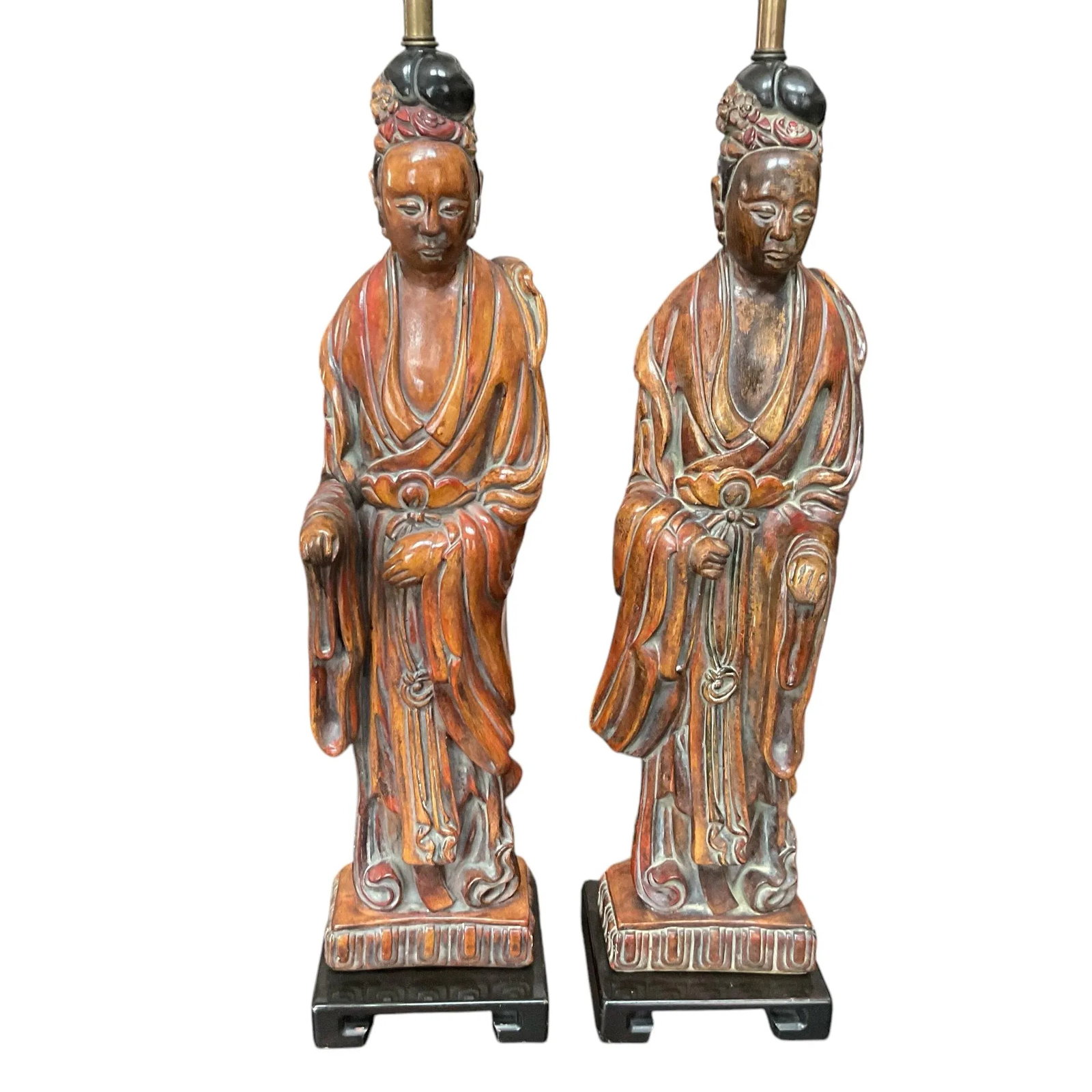1940s Frederick Cooper Quan Yin Wood Look Table Lamps - a Pair - 2