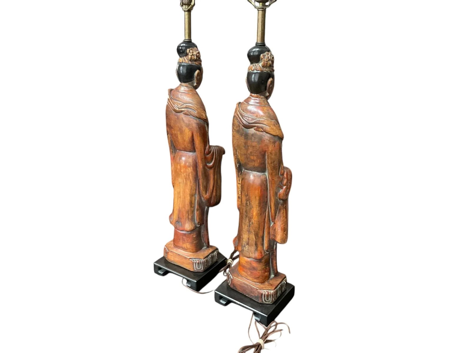 1940s Frederick Cooper Quan Yin Wood Look Table Lamps - a Pair - 3