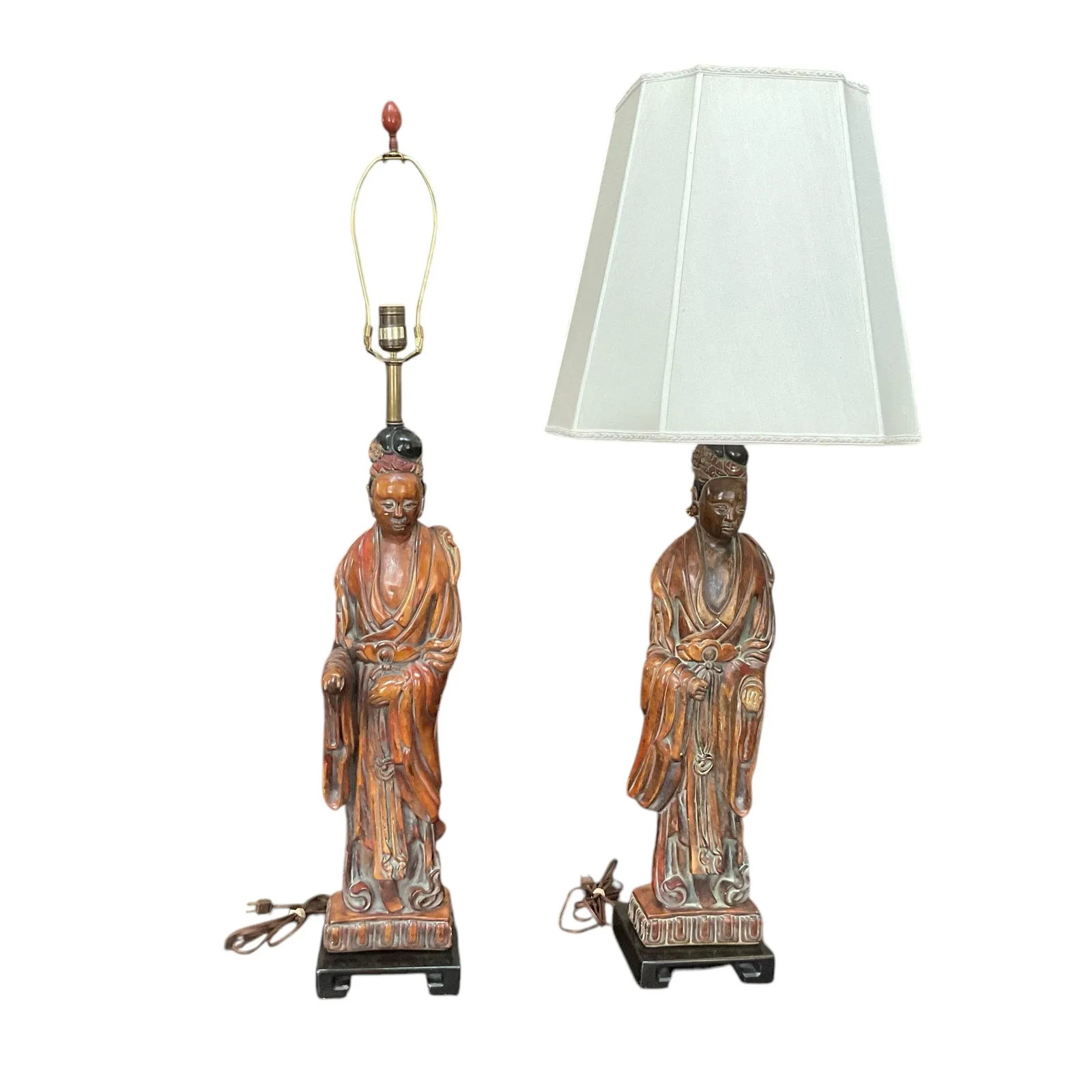 1940s Frederick Cooper Quan Yin Wood Look Table Lamps - a Pair - 7