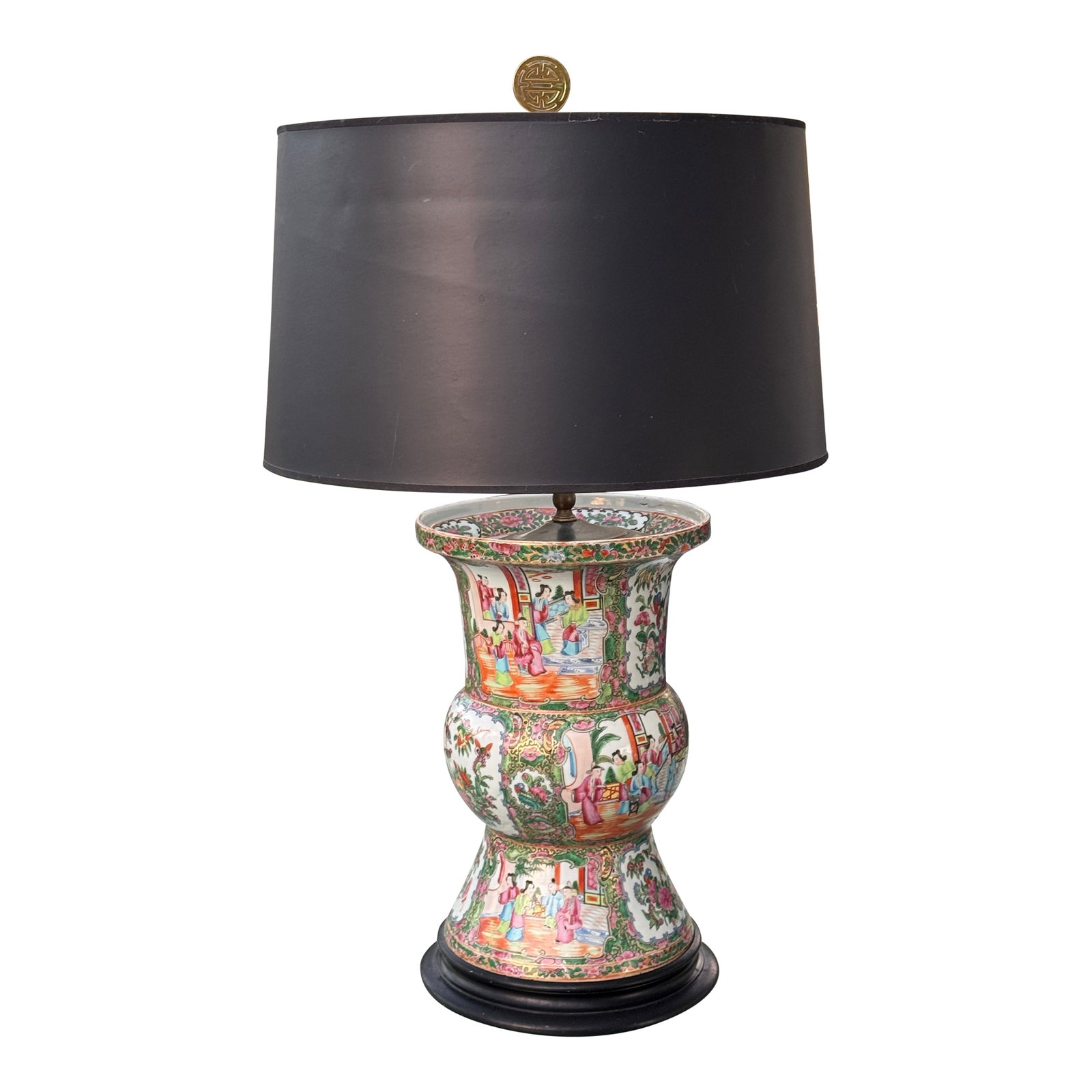 Late 19th Century Famille Rose Lamp: Chinese export Famille Rose porcelain swelling cylindrical vase lamp with Mandarin characters. 3-way switch. Lamp measures 33" to top if finial, 22" to the top of socket. Lampshade is not included.