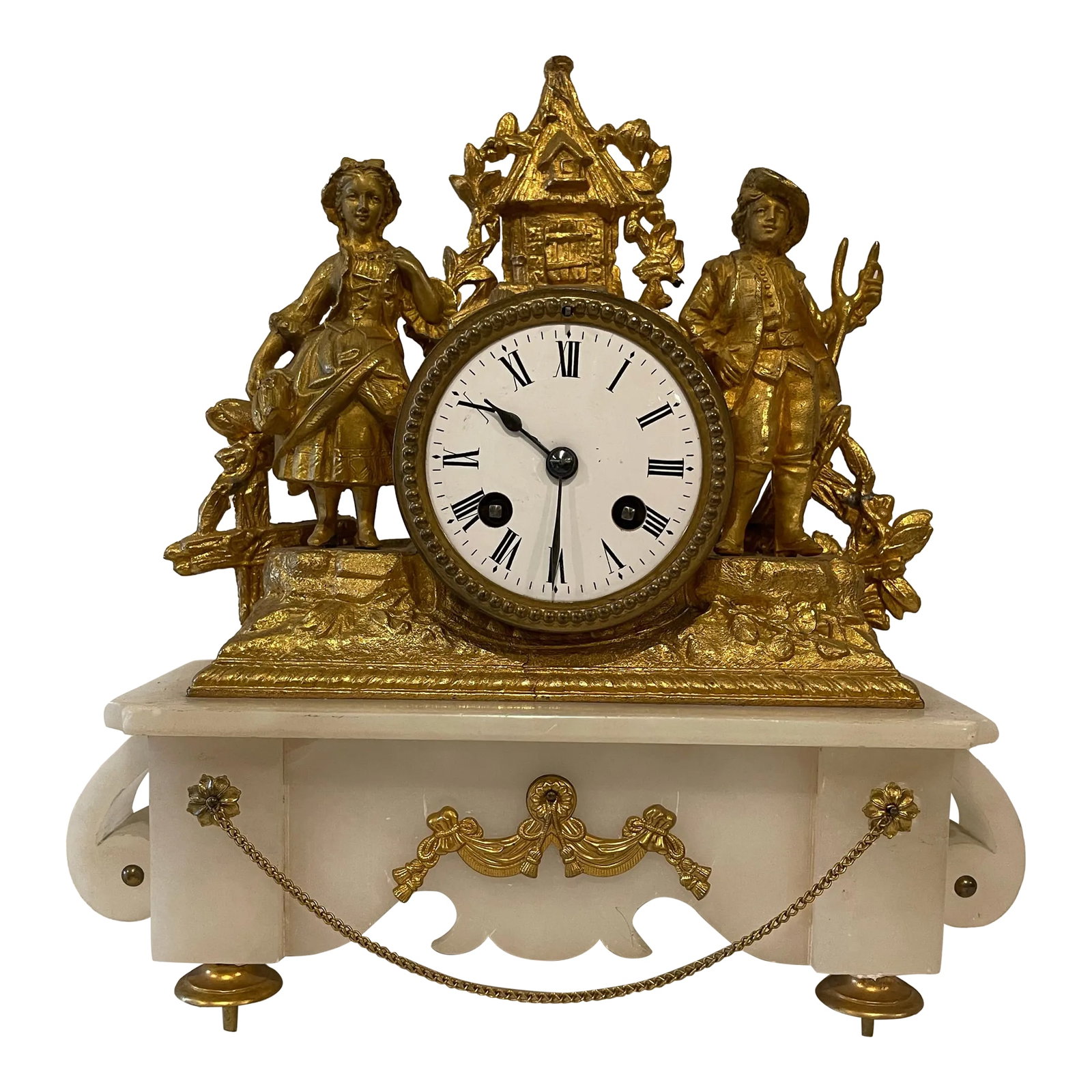 Mid-19th Century Napoleon III French Clock: Napoleon III Period French Alabaster Cock with Gilt Metal Bucolic scene with a boy and girl. Classical embellishments and a swagged chain. Clock face with roman numerals. Chairish sells clocks only wi