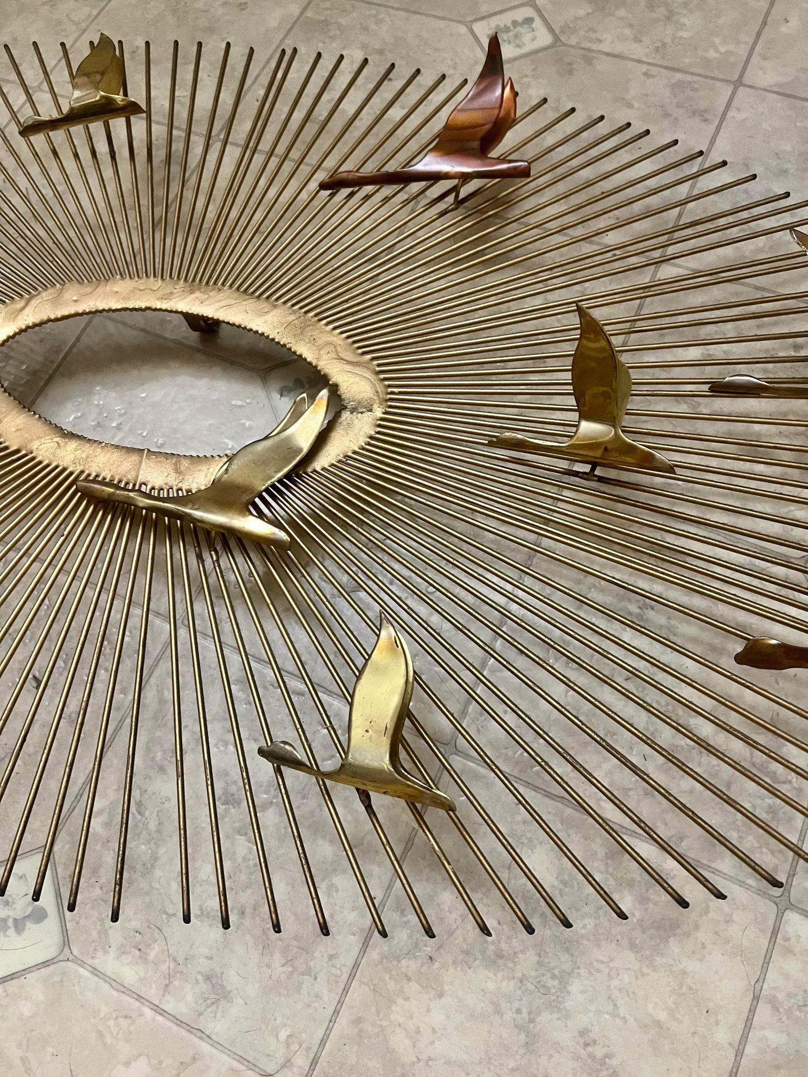 Mid Century 'Birds in Flight' Brass Sunburst Wall Sculpture Curtis Jere Style - 2