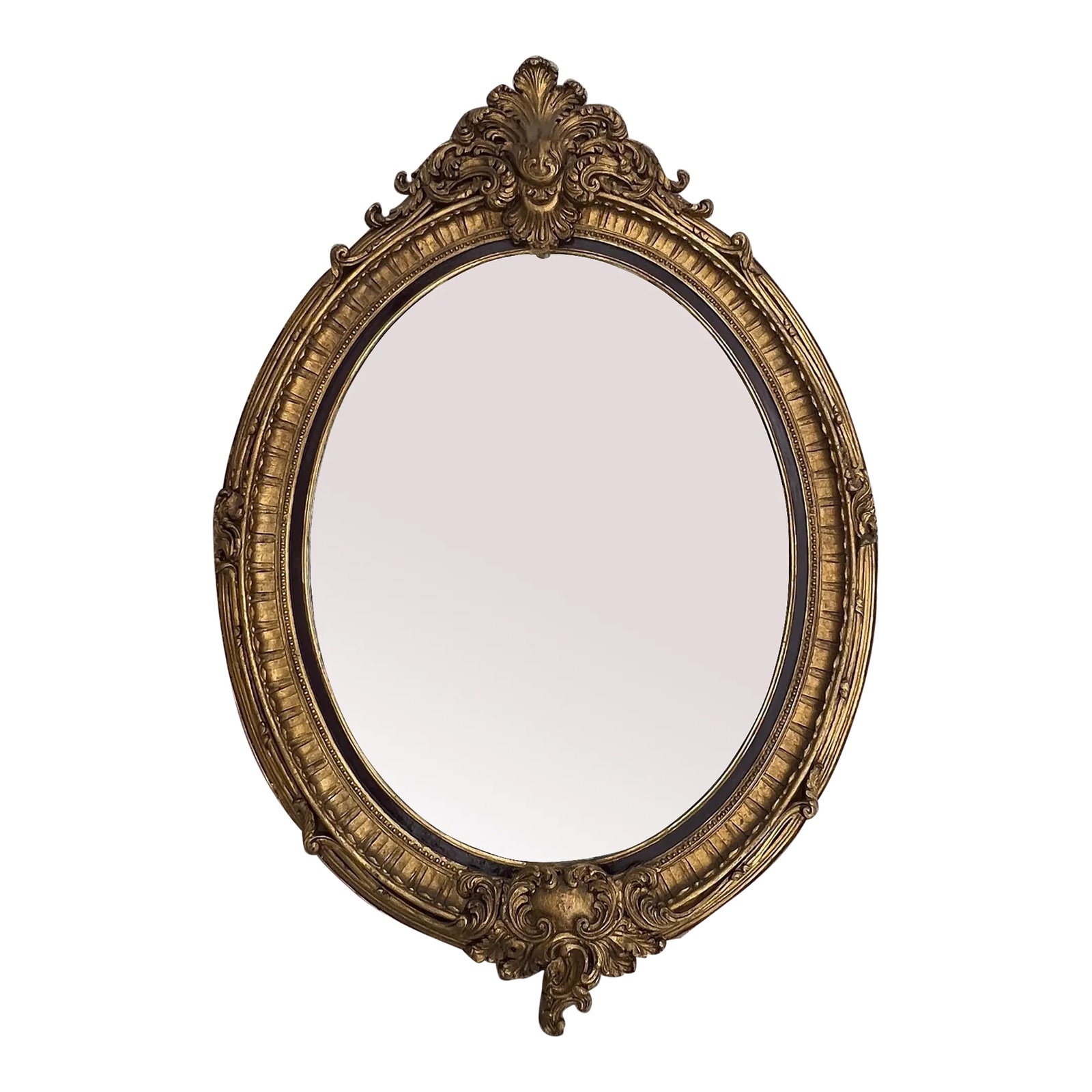 Large Rococo Style Gilded Oval Mirror: Large beautiful Baroque Rococo style gold ornate frame with a 1 inch beveled mirror will definitely make a statement. The frame, made from molded resin, replicates an Empire-style French Louis XVI Gil
