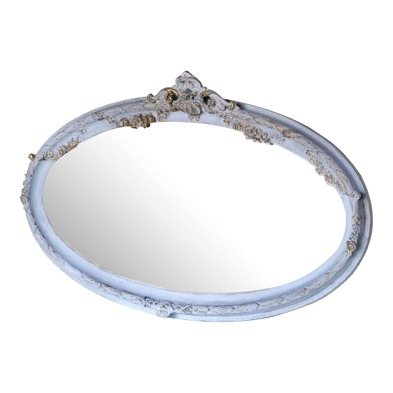 Early 20th Century Hand Painted Elongated Oval French Blue & Gold Mirror: Lovely elongated Victorian oval mirror with a stunning detailed crest with other decorative details placed throughout the frame. Hand painted in pale French blue. Then accented in shades of gold.