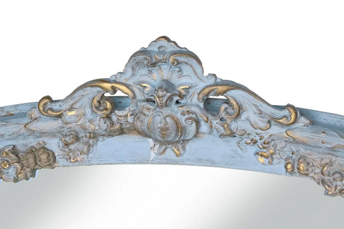 Early 20th Century Hand Painted Elongated Oval French Blue & Gold Mirror - 2