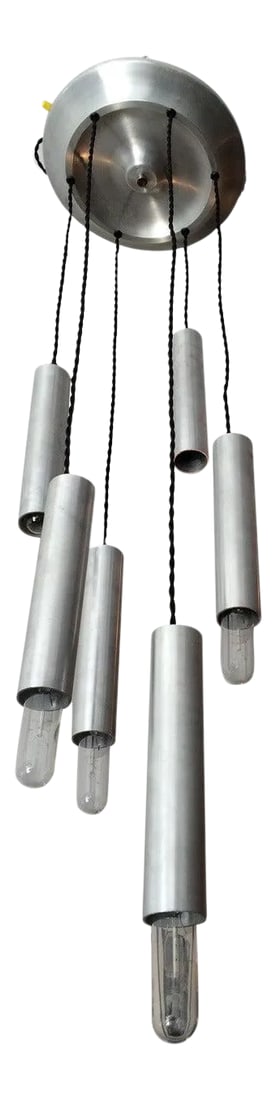 Italian 1970s Cascading Chandelier: A great "Space Age" 1970s Italian six-light cascading chrome chandelier. Rewired. Condition: Alterations: Unknown Imperfections: Some Imperfections Condition Notes: Excellent Wear consistent with age