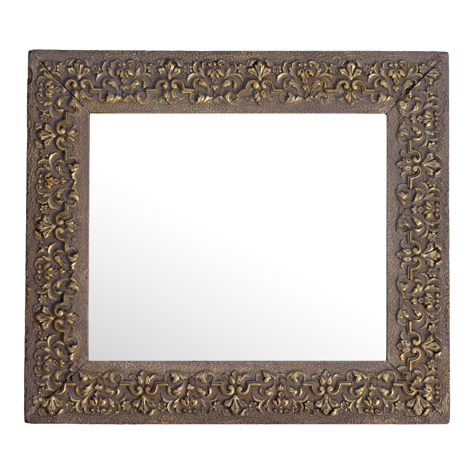 Early 20th Century Arts & Crafts Flat Gessoed Wood Mirror: This mirror has an exceptionally intricate fine repeat pattern of leaves, flowers & scrolls. The gilt finish is offset by a neutral stone toned texture background. The background highlights the hand