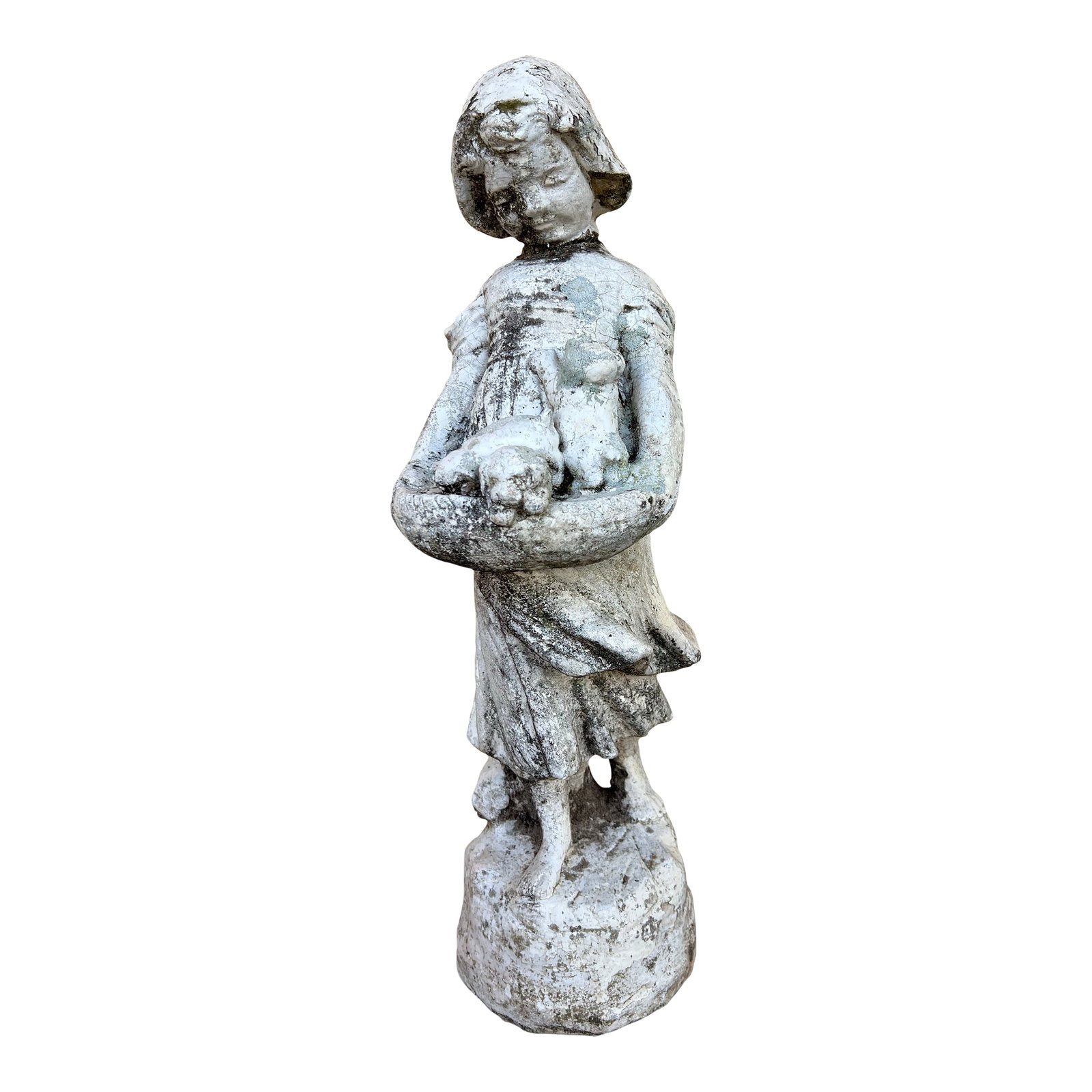 Vintage Concrete Garden Statue, Girl With Puppies in Basket: Vintage Concrete Garden Statue, Girl With Puppies in Basket. This is an estate find. I am not sure of the age or origin. Weathered showing age . Standing 22" Tall. Condition: Alterations: Original