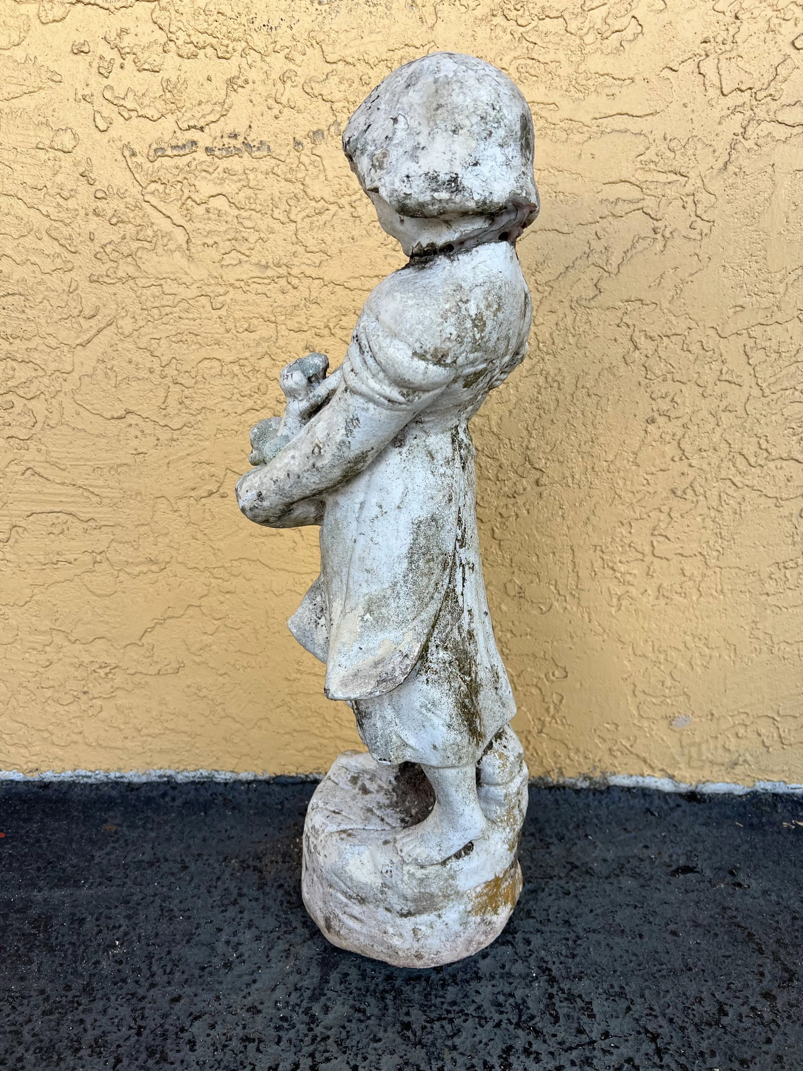 Vintage Concrete Garden Statue, Girl With Puppies in Basket - 2