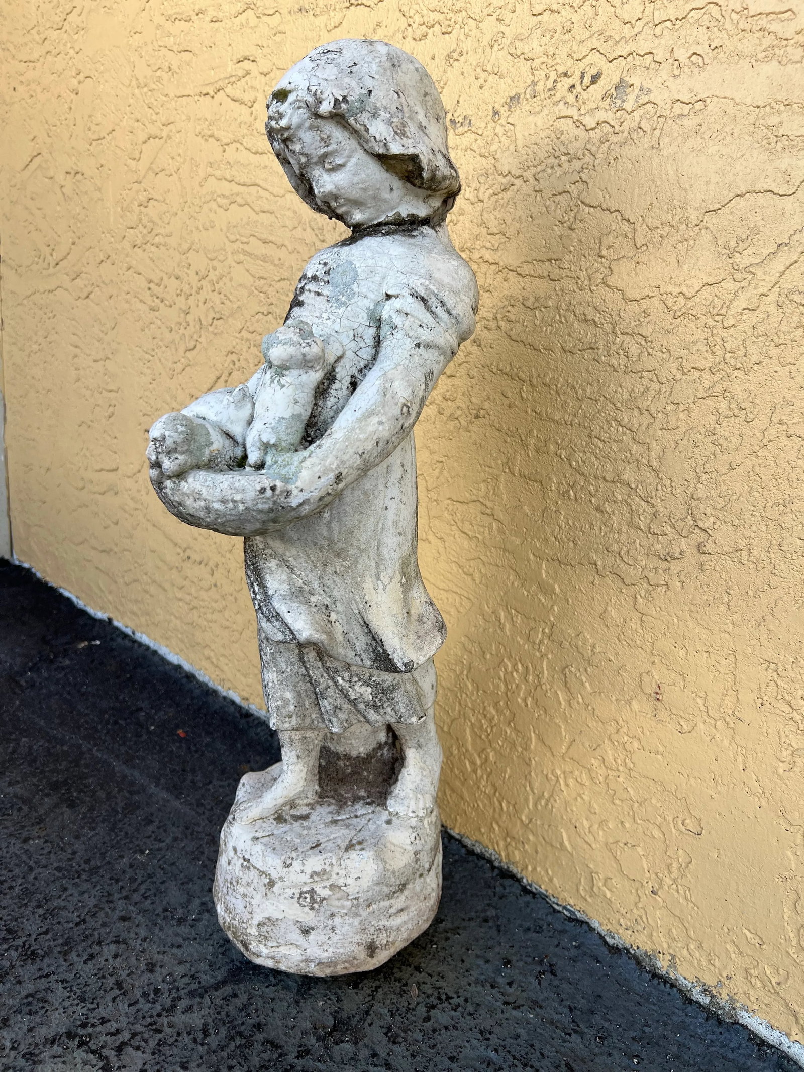 Vintage Concrete Garden Statue, Girl With Puppies in Basket - 3