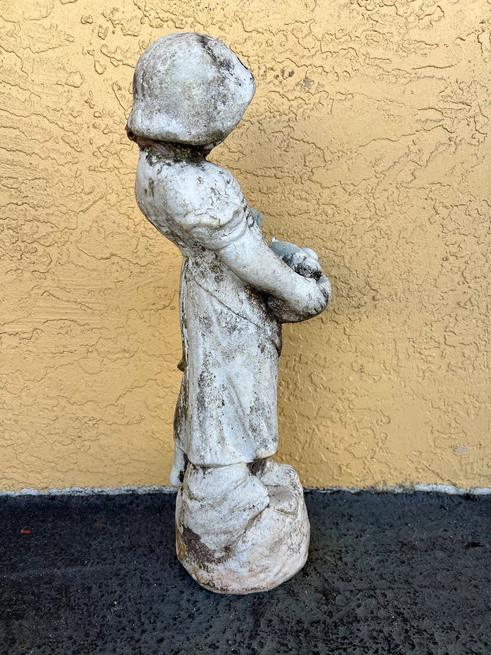 Vintage Concrete Garden Statue, Girl With Puppies in Basket - 4