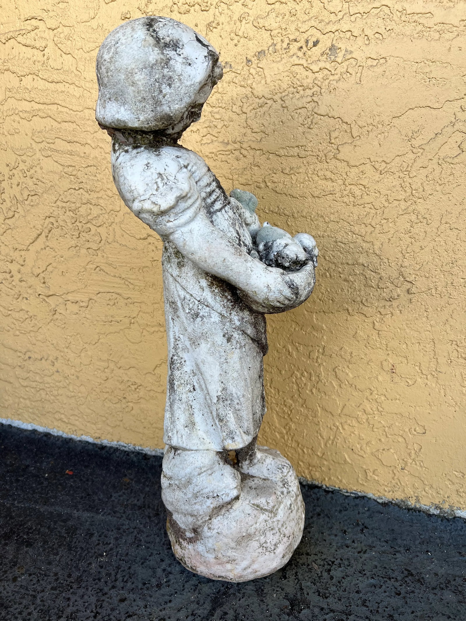 Vintage Concrete Garden Statue, Girl With Puppies in Basket - 5