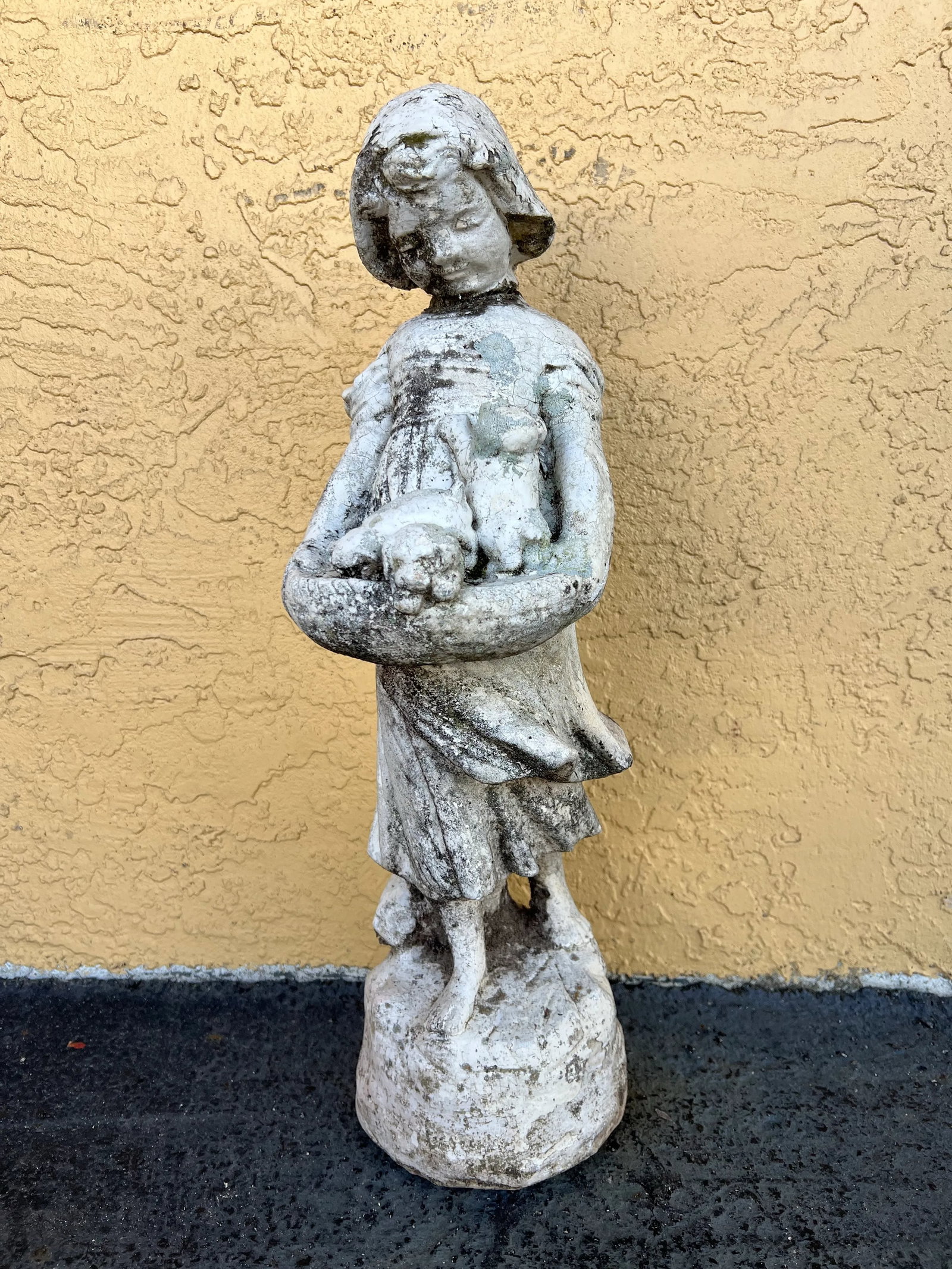 Vintage Concrete Garden Statue, Girl With Puppies in Basket - 6