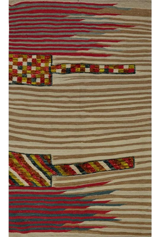 Handwoven Scandinavaian Style Persian Kilim Area Rug - 4' * 6'9'': This bewitchingly beautiful example of a tribal Kilim area rug features a contemporary pop of electrifying bright colors in a playful mixed-weave design. The creative modern twist of a knotted-pile