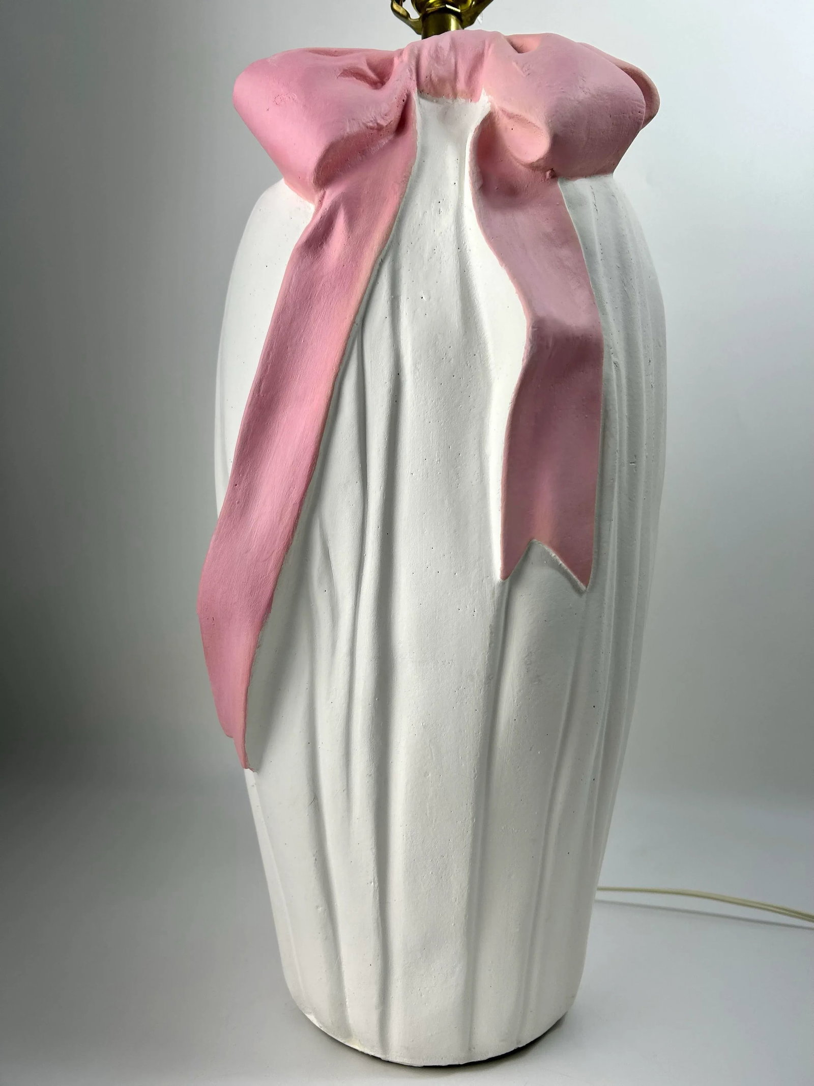 80s Post Modern Draped Cloth Pink Bow Ribbon Coquette Plaster Table Lamp With Brass Fittings - 8