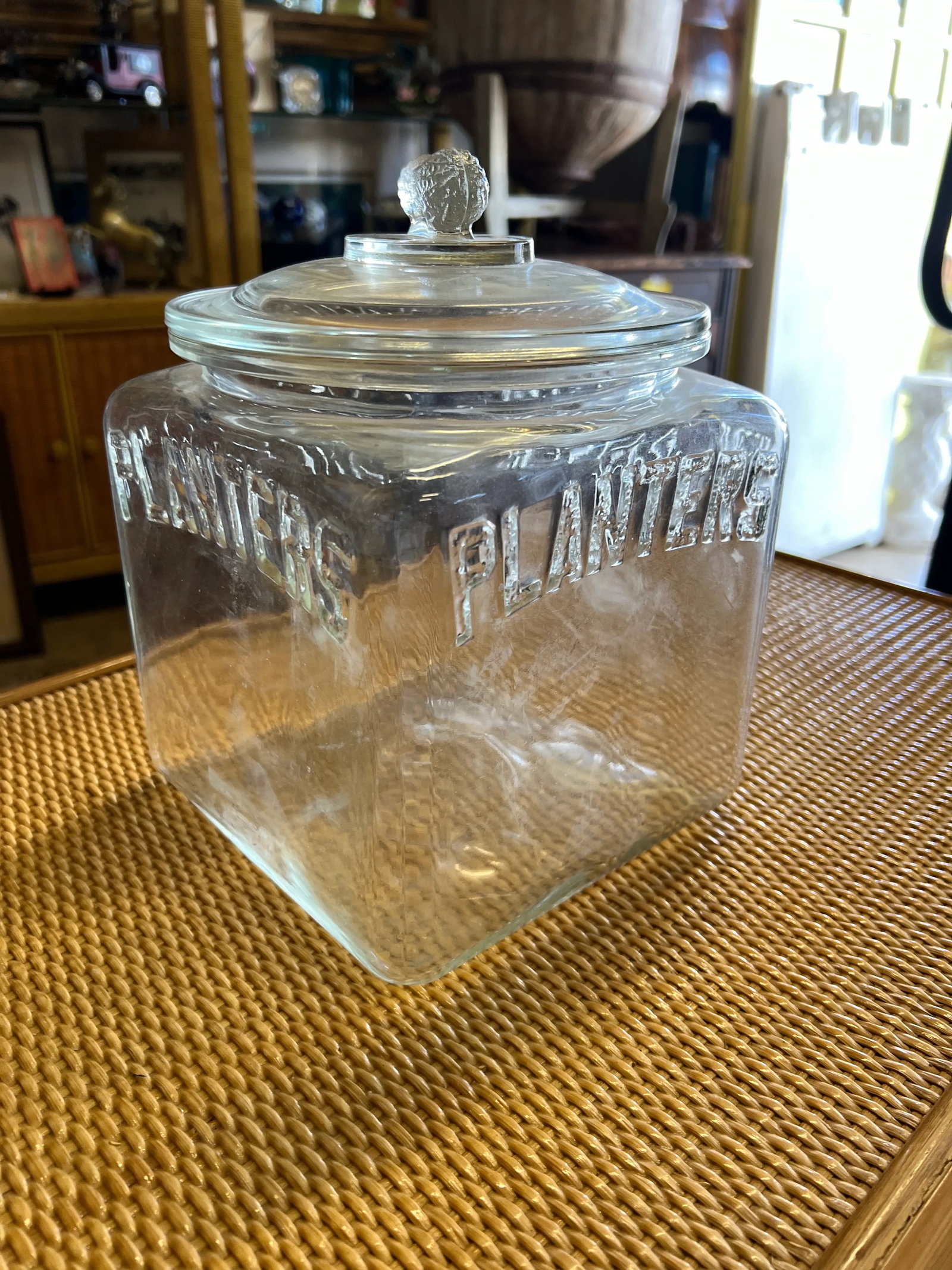 1930s Clear Square Peanut Planters Jar With Lid - 8