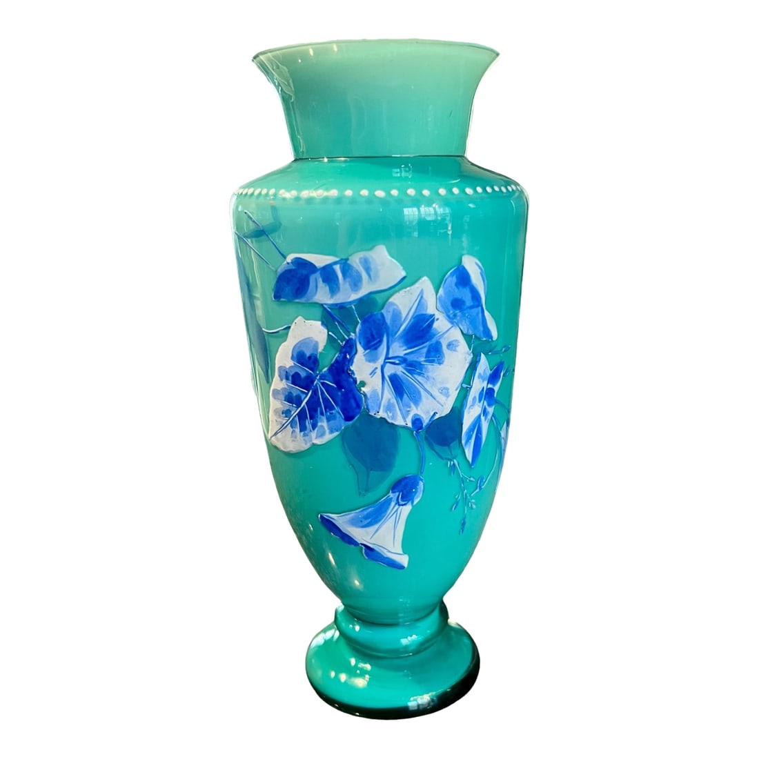 Antique Uranium Harrach Bohemian Hand Enameled Vase-Teal-Aqua-Turquoise-Glass: Add a stunning piece of Bohemian glass artistry to your collection with this Antique Harrach Uranium Glass Vase. Crafted in the 19th to early 20th century, this exquisite hand-enameled vase showcases