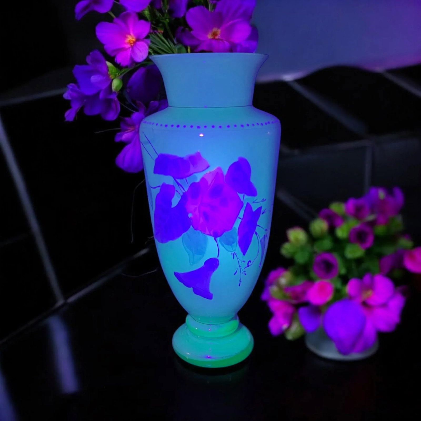 Antique Uranium Harrach Bohemian Hand Enameled Vase-Teal-Aqua-Turquoise-Glass - 3