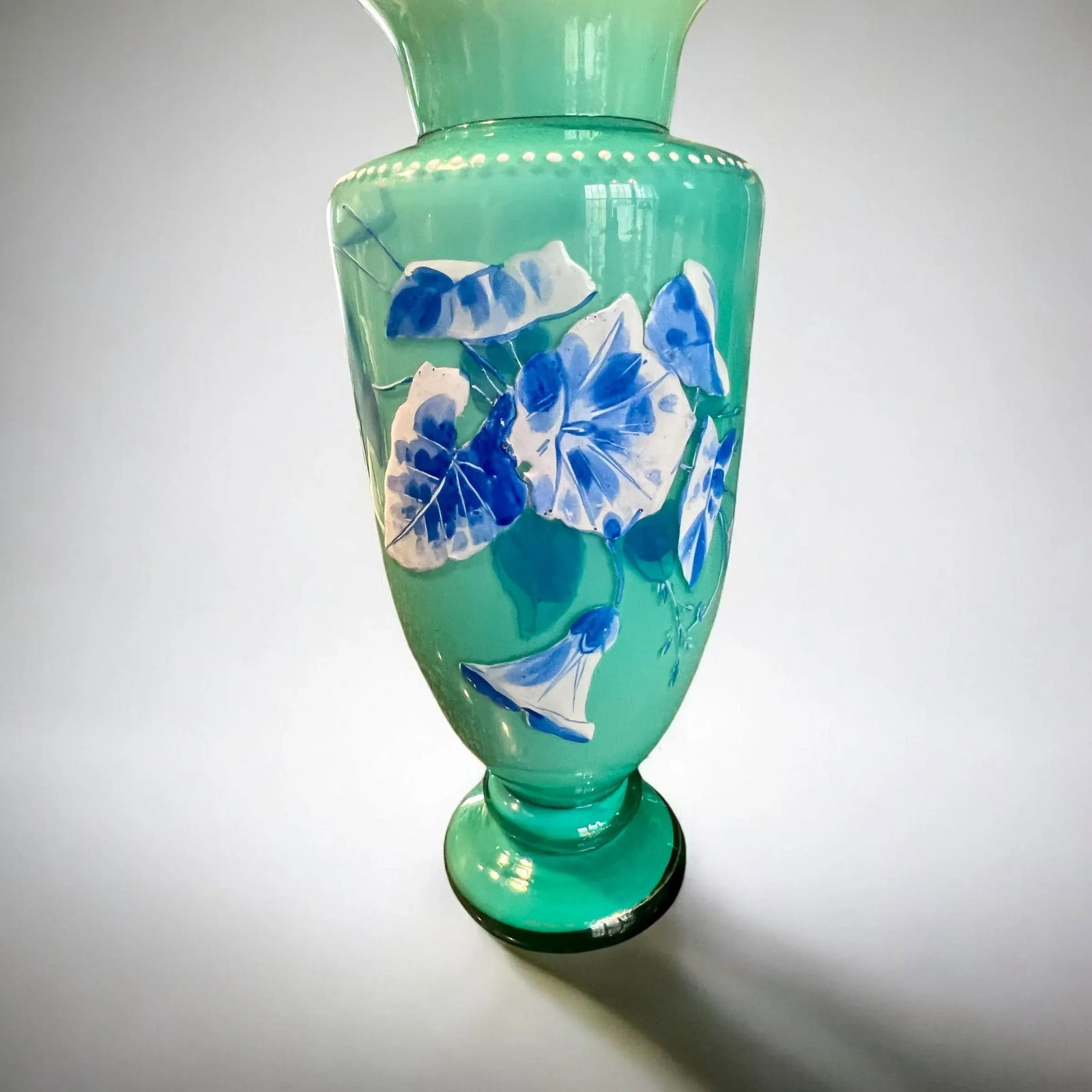 Antique Uranium Harrach Bohemian Hand Enameled Vase-Teal-Aqua-Turquoise-Glass - 4
