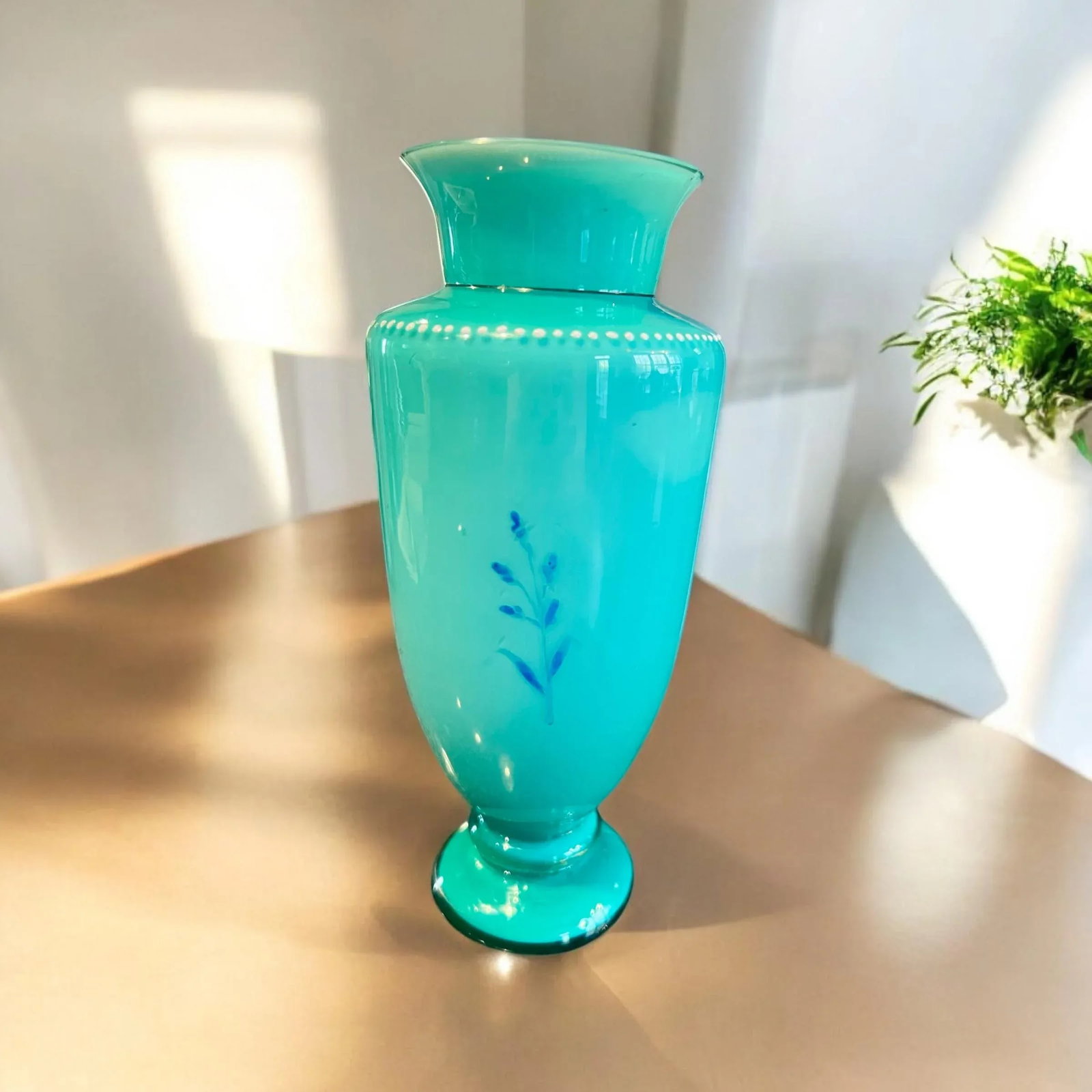 Antique Uranium Harrach Bohemian Hand Enameled Vase-Teal-Aqua-Turquoise-Glass - 5