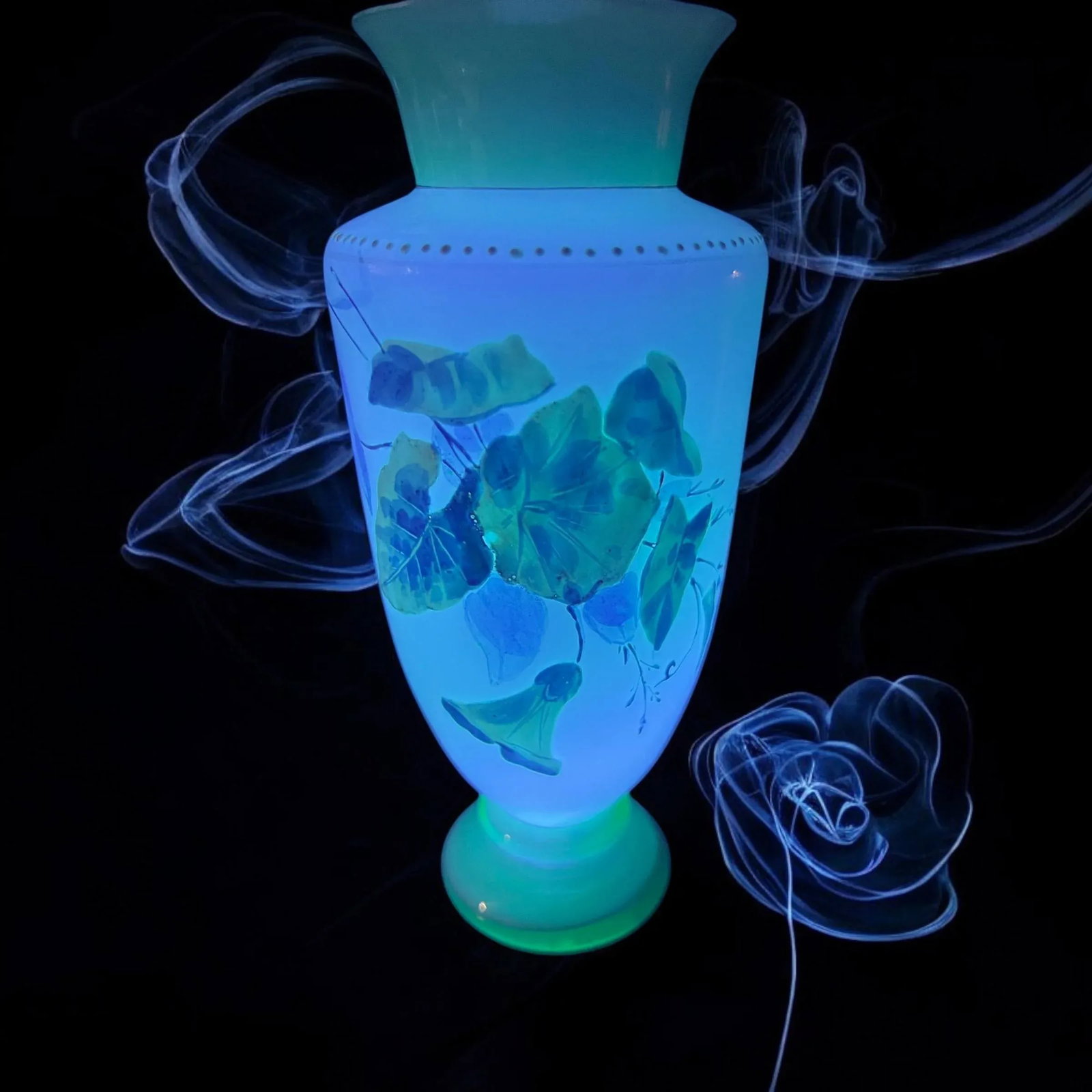 Antique Uranium Harrach Bohemian Hand Enameled Vase-Teal-Aqua-Turquoise-Glass - 6