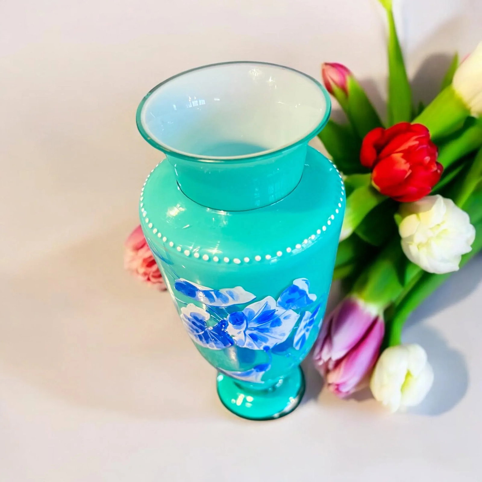 Antique Uranium Harrach Bohemian Hand Enameled Vase-Teal-Aqua-Turquoise-Glass - 7