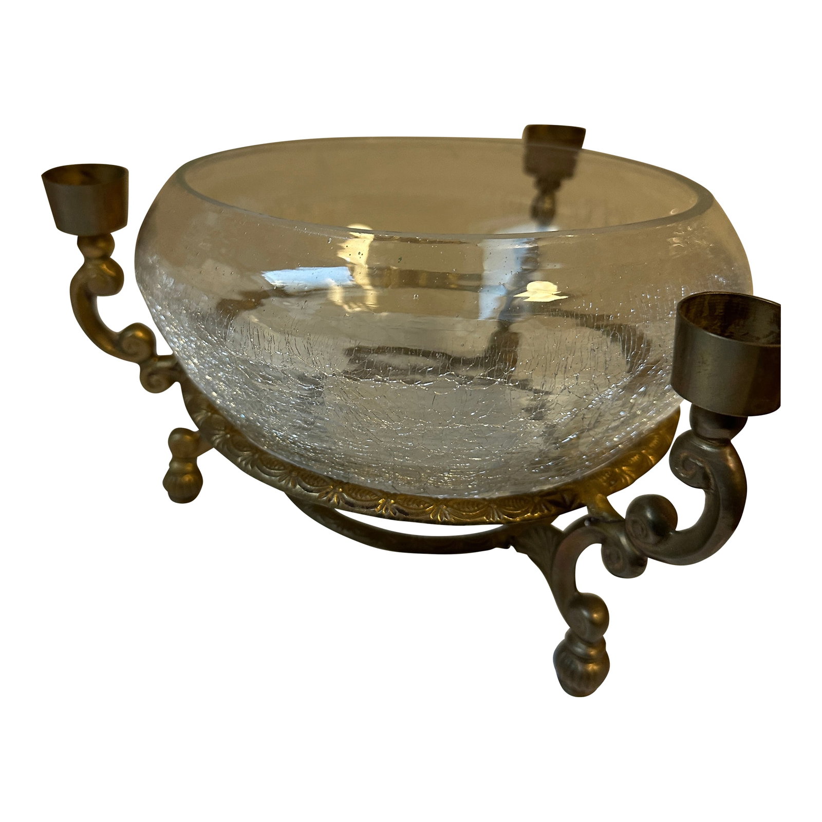 Antique 19th Century French Gilt Brass & Glass Centerpiece Candelabra Bowl: This is an antique French gilt brass and glass centerpiece candelabra bowl. It dates to the late 19th Century. The tripod circular frame with brass ring issuing three C-scrolled candle arms and