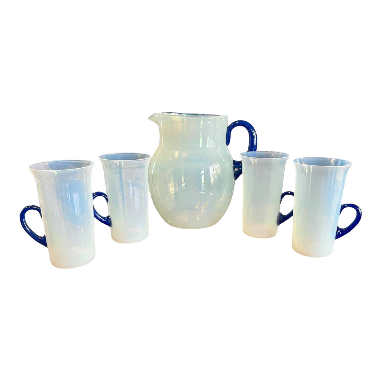 Antique 1920s Fry Foval Cobalt Blue Art Deco Opalescent Lemonade Set-5 Pieces: Exceptionally rare Fry Foval opalescent lemonade set produced by the Fry Glass Company of Rochester, Pennsylvania circa 1926-1927. Henry Fry established the company in 1901 and became celebrated for