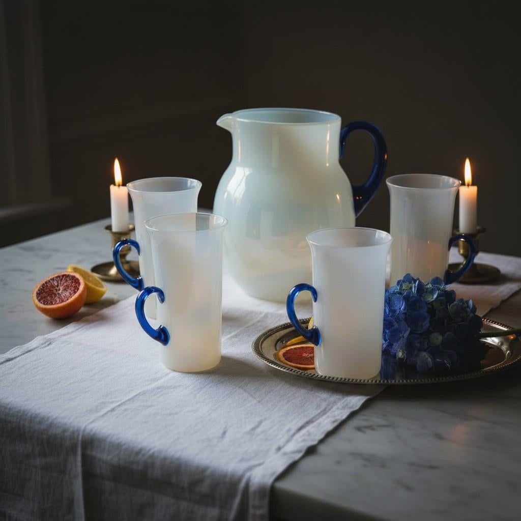 Antique 1920s Fry Foval Cobalt Blue Art Deco Opalescent Lemonade Set-5 Pieces - 2