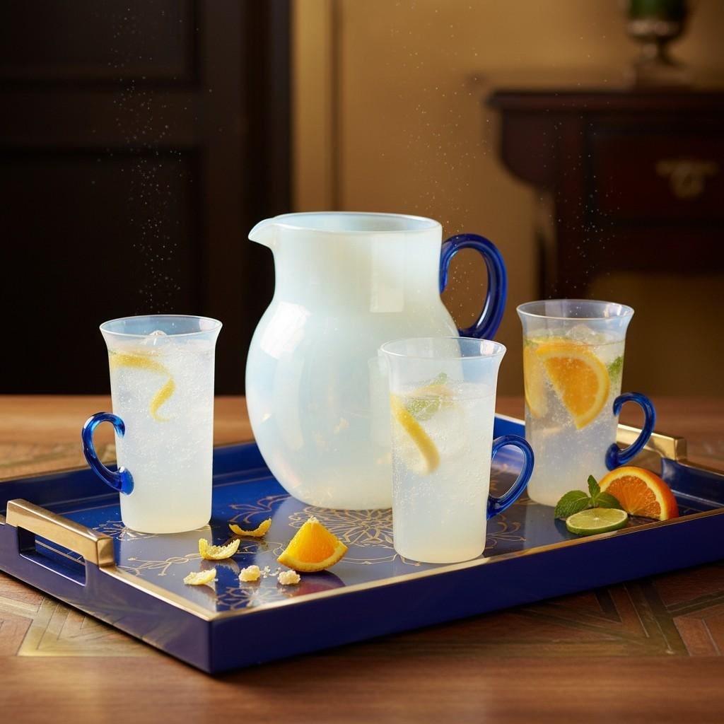 Antique 1920s Fry Foval Cobalt Blue Art Deco Opalescent Lemonade Set-5 Pieces - 8