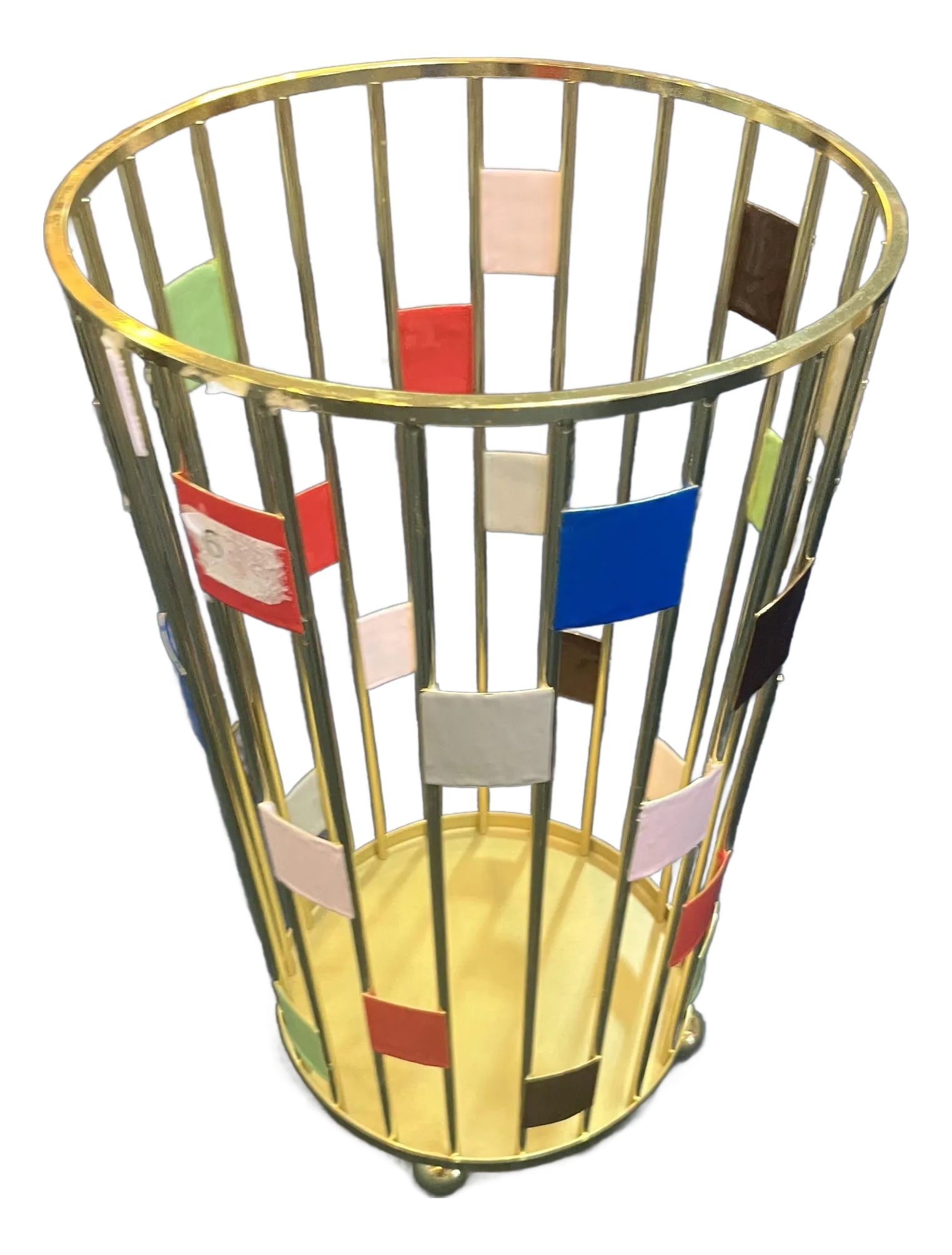 Jonathan Adler Miami Umbrella Holder: Gilded Cage. Miami collection's warm brass by Jonathan Adler a modern and glamorous look, Featuring a gleaming brass cage dotted with squares of hand painted with thick and gloopy enamel color our Mia