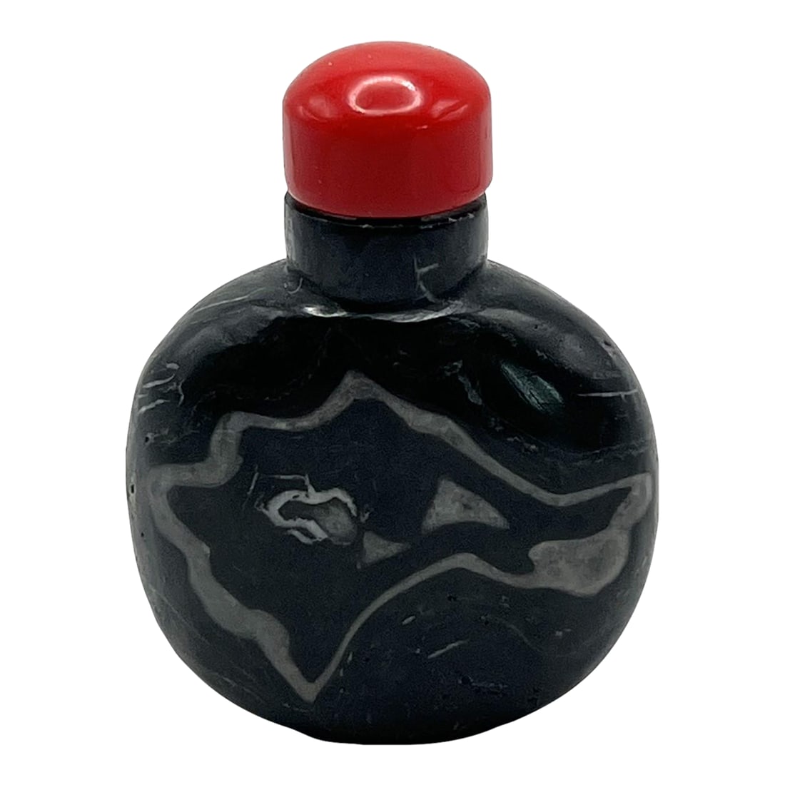 Late 20th Century Black Snuff Bottle With White Lines: Agate, a type of chalcedony always fascinate me. Perhaps I love the variety of colors and patterns and the designs on the stones are never two alike. I find black agate mysterious as if it holds