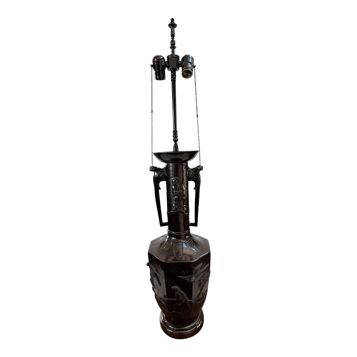 1920s Japanese Bronze Vase Made Into Lamp: The magnificent Japanese bronze vase came into being in the late 19th century when the urbanization of Japan and the end of isolationism at the beginning of the Meiji era. The Meiji Emperor abolished