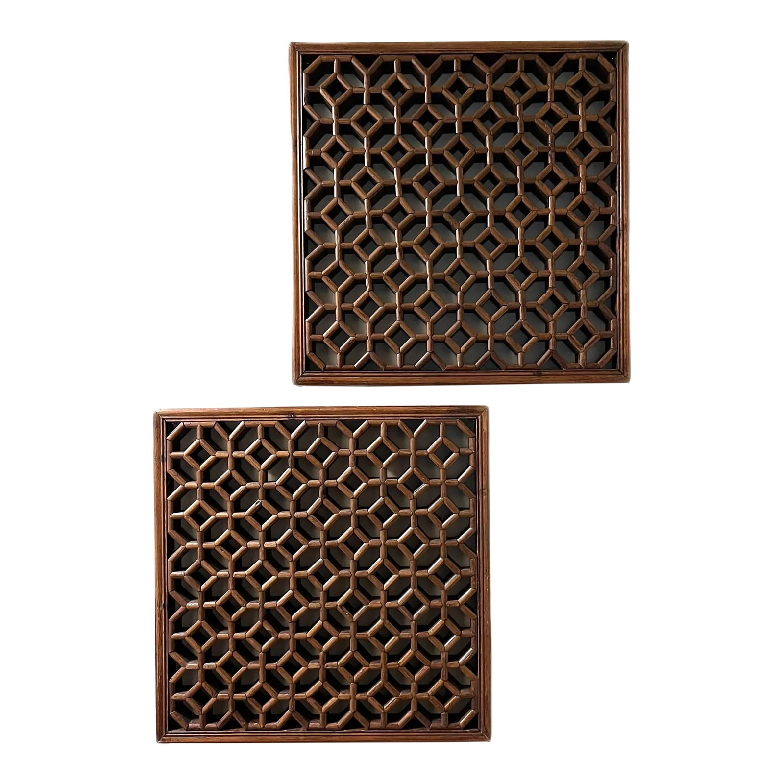 Pair of Antique Chinese Square Panels in a Honeycomb Pattern: Small Chinese lattice panels are mostly custom fitted into particular spaces and therefore very few ever came into the marketplace. If they do, they will be purchased immediately. With the new law