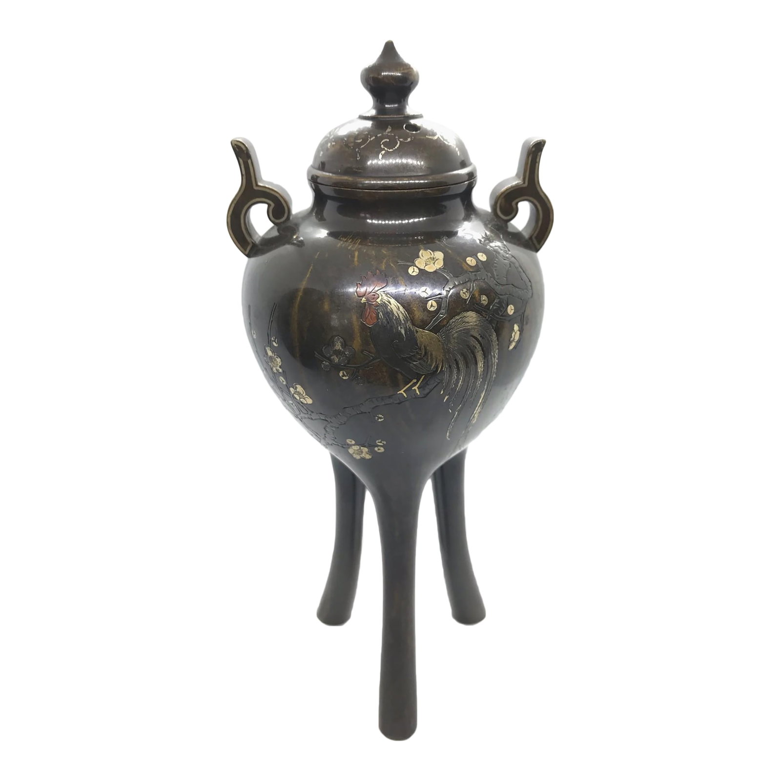Antique Japanese Koro Tripod Incense Burner: During the Meiji Period CE 1868 - 1912, the modernization of Japan encouraged the nation to wear Western clothing and discouraged the carrying of swords causing sword makers and metalsmiths to make ch