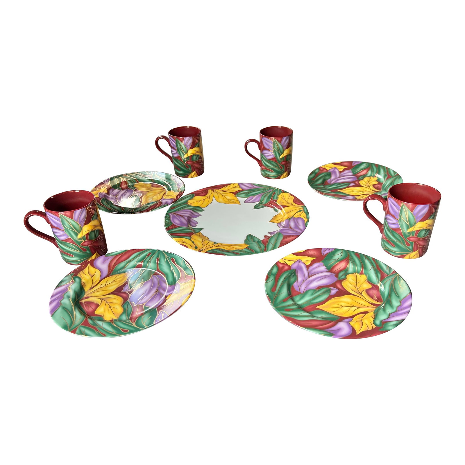 Vintage Colorful Tropical Style Dessert Dish Set- 9 Pieces: Great set for serving appetizers or dessert to four people. Set of dishes from Fitz & Floyd. Vibrant multicolored Cloisonne' Tropicana pattern. Features bold floral leaves in gold, purple, burgundy, a