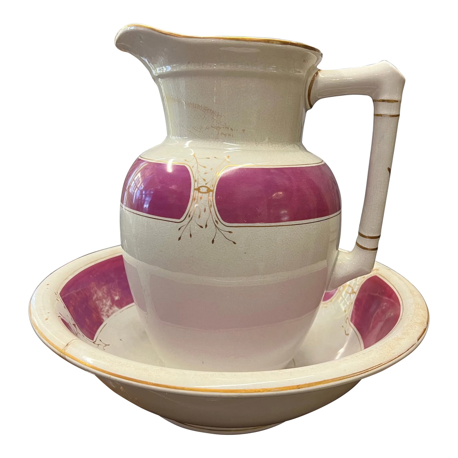 Antique Burgess & Campbell Ironstone China Pitcher & Wash Basin Purple & Gold Trim (1 of 12)