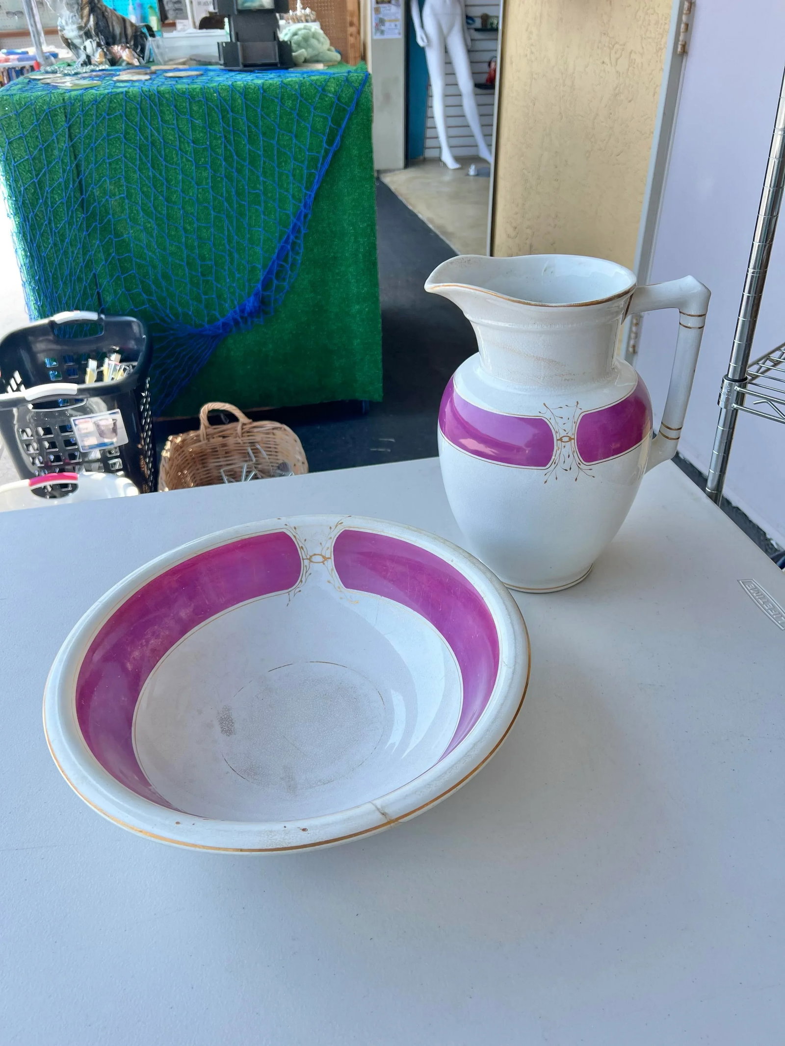 Antique Burgess & Campbell Ironstone China Pitcher & Wash Basin Purple & Gold Trim - 2