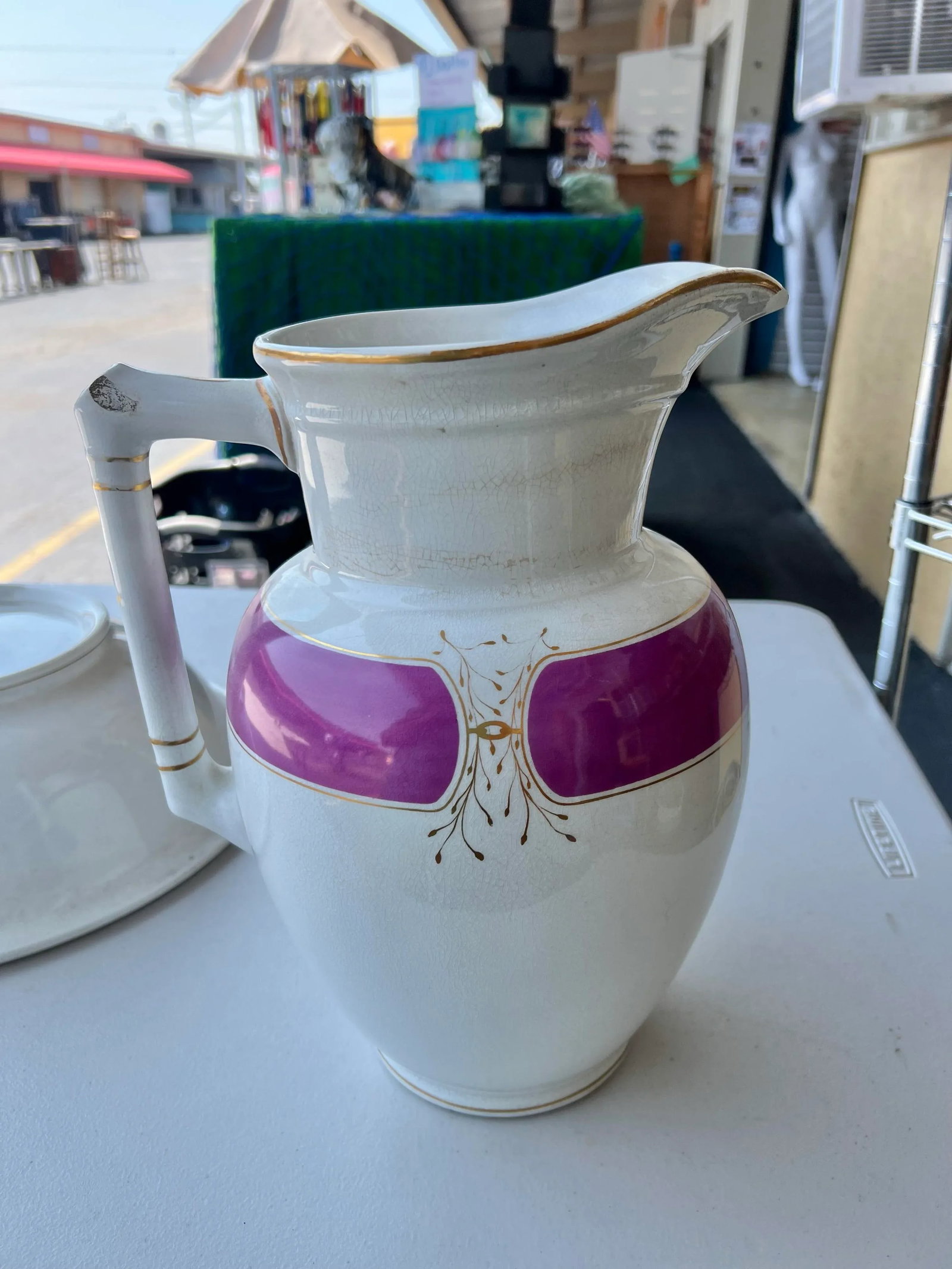 Antique Burgess & Campbell Ironstone China Pitcher & Wash Basin Purple & Gold Trim - 3