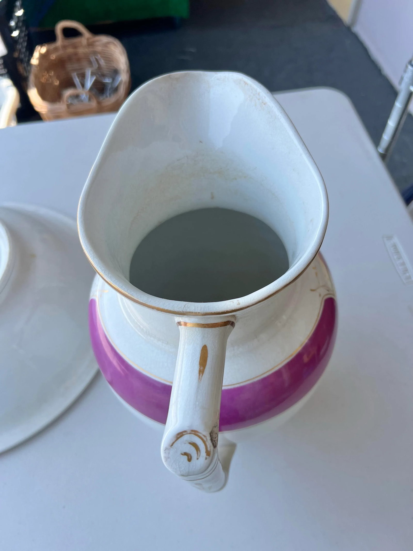 Antique Burgess & Campbell Ironstone China Pitcher & Wash Basin Purple & Gold Trim - 6