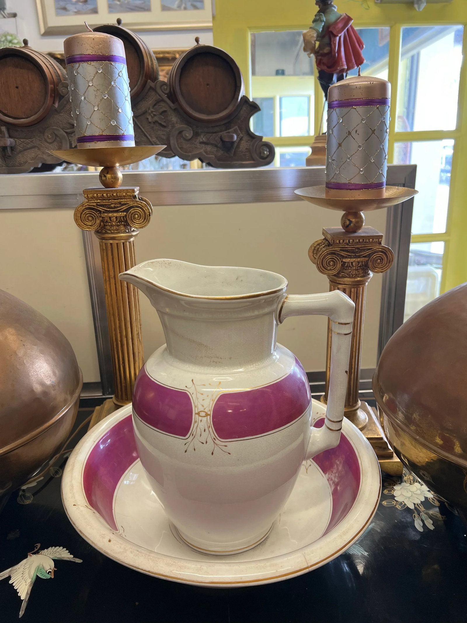 Antique Burgess & Campbell Ironstone China Pitcher & Wash Basin Purple & Gold Trim - 7
