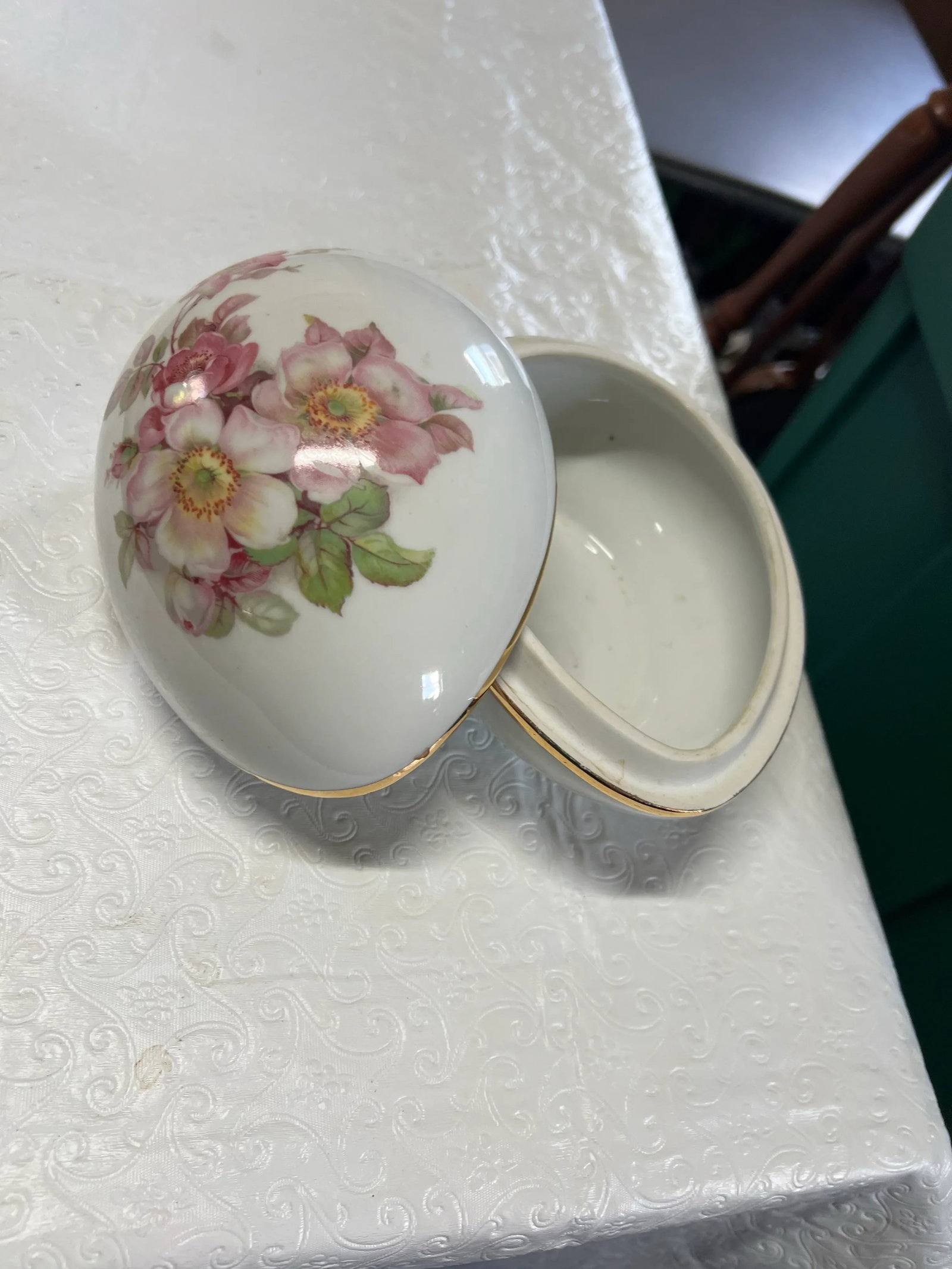 1950s Porcelain Trinket Egg Shaped Box Signed - 7