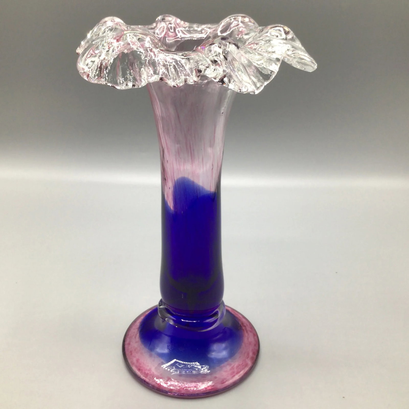 Murano Colbalt Blue With Pink Swirl Floral Studio Art Glass Vases - A Pair - 10