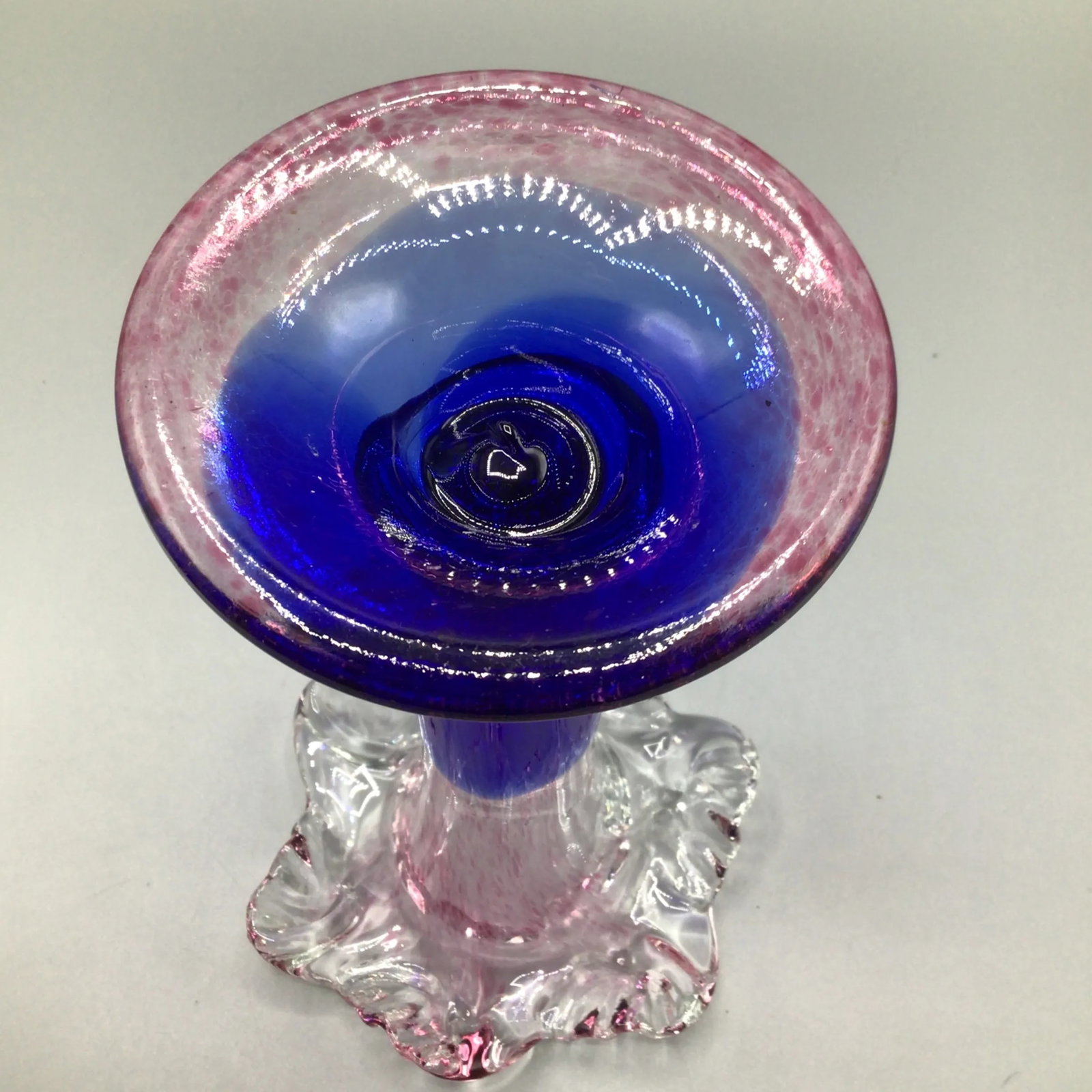Murano Colbalt Blue With Pink Swirl Floral Studio Art Glass Vases - A Pair - 12
