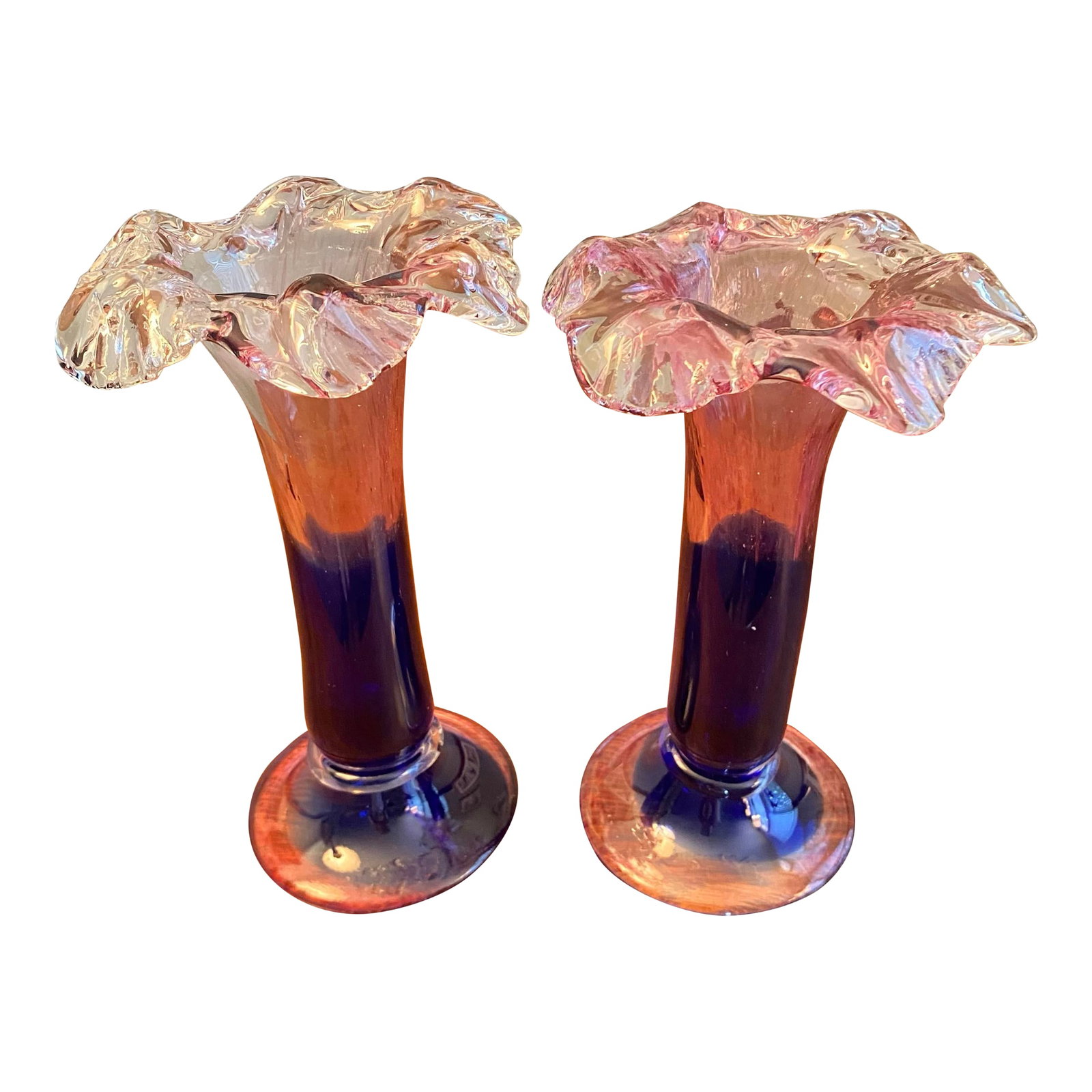 Murano Colbalt Blue With Pink Swirl Floral Studio Art Glass Vases - A Pair (1 of 12)