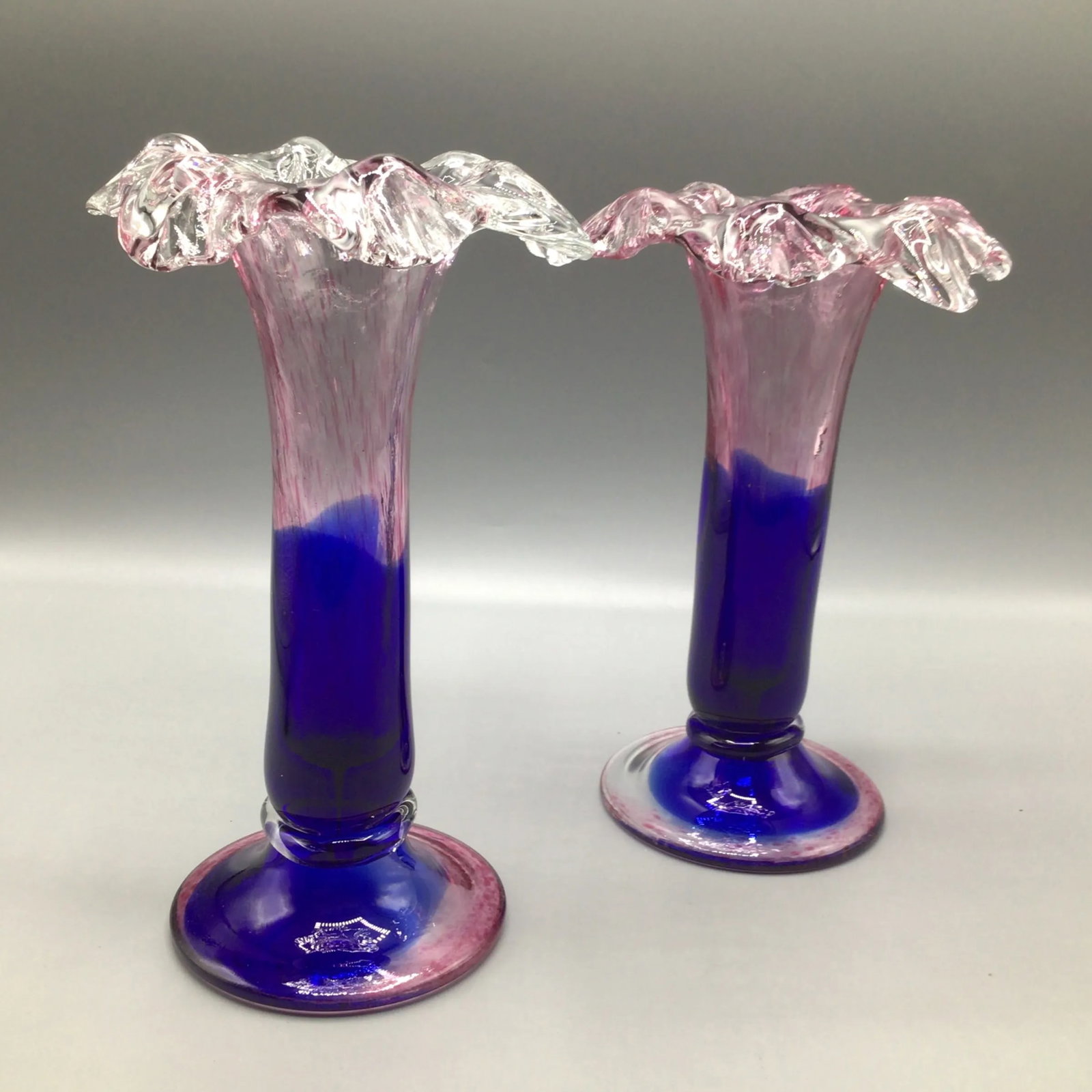 Murano Colbalt Blue With Pink Swirl Floral Studio Art Glass Vases - A Pair - 2
